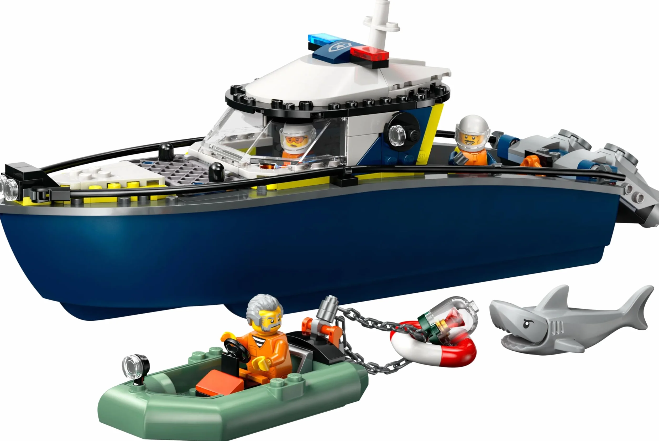 LEGO City Pościg łodzią policyjną, zabawka dla dziecka do zbudowania z motorówką i pontonem złodziejaszka, pomysłowy prezent dla 6-latków, zestaw policyjny dla chłopców i dziewczynek 60456