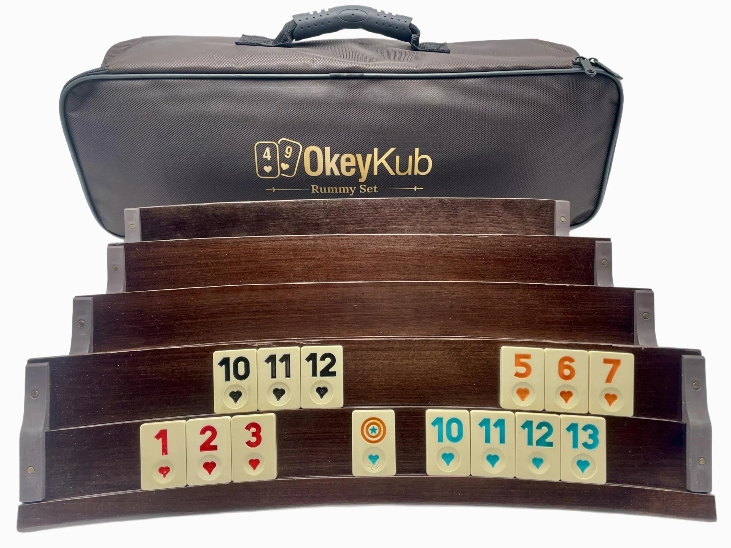 Generisch Star-Premium ręcznie wykonany owalny zestaw rummy z prawdziwego drewna, Curved Romme, zestaw Okey w stabilnej torbie transportowej