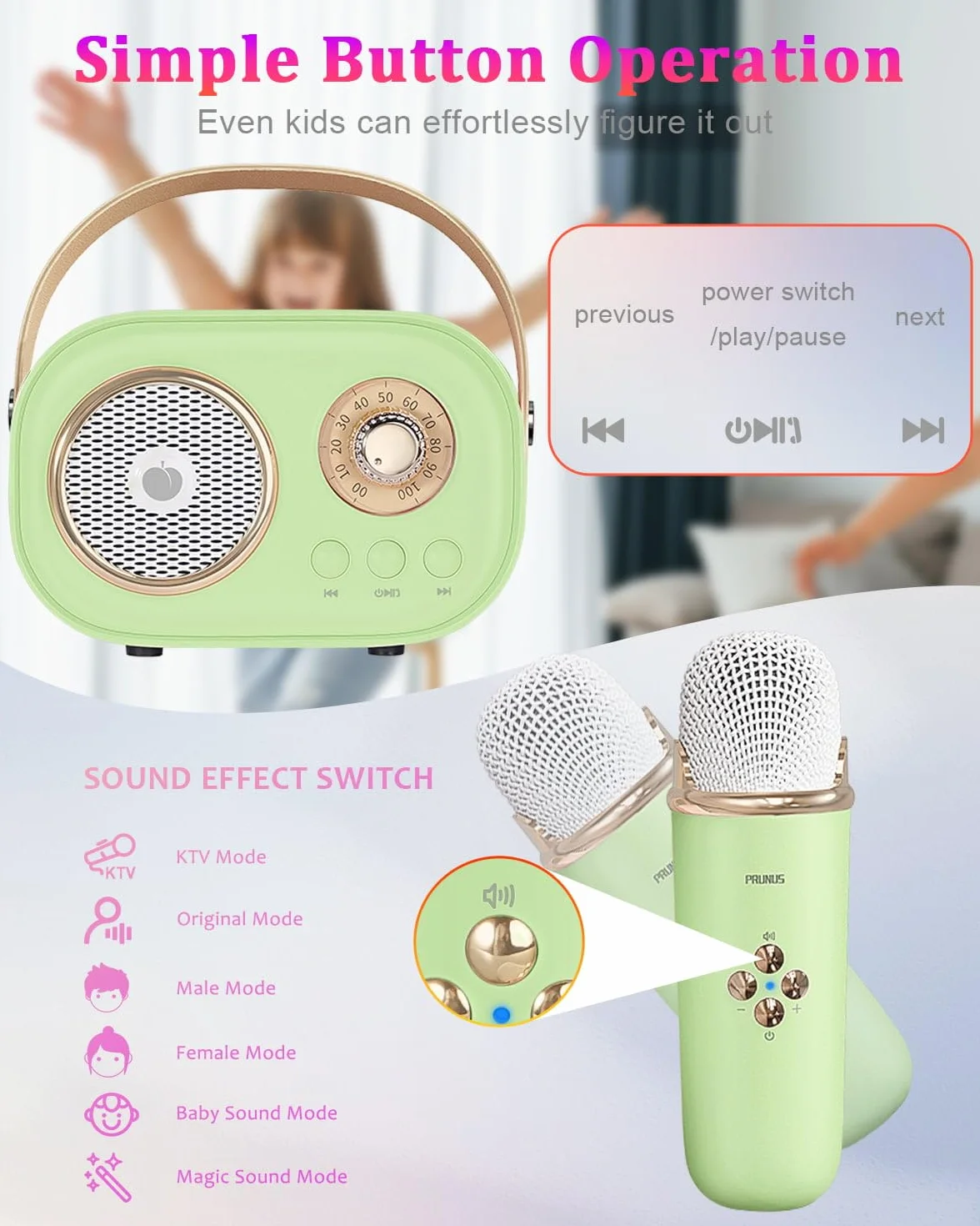 PRUNUS Maszyna do karaoke z zestawem mini mikrofonu, przenośny głośnik Bluetooth, bezprzewodowy mikrofon, wzmocniony bas
