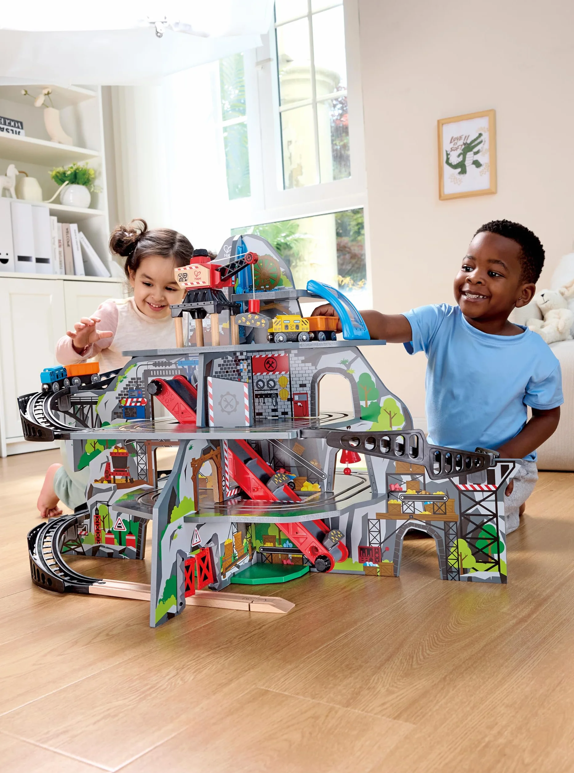 Hape Mighty Mountain Mine, Multi-Coloured 32-Piece Wooden Pretend Play Railway Set, Train Toy for Kids