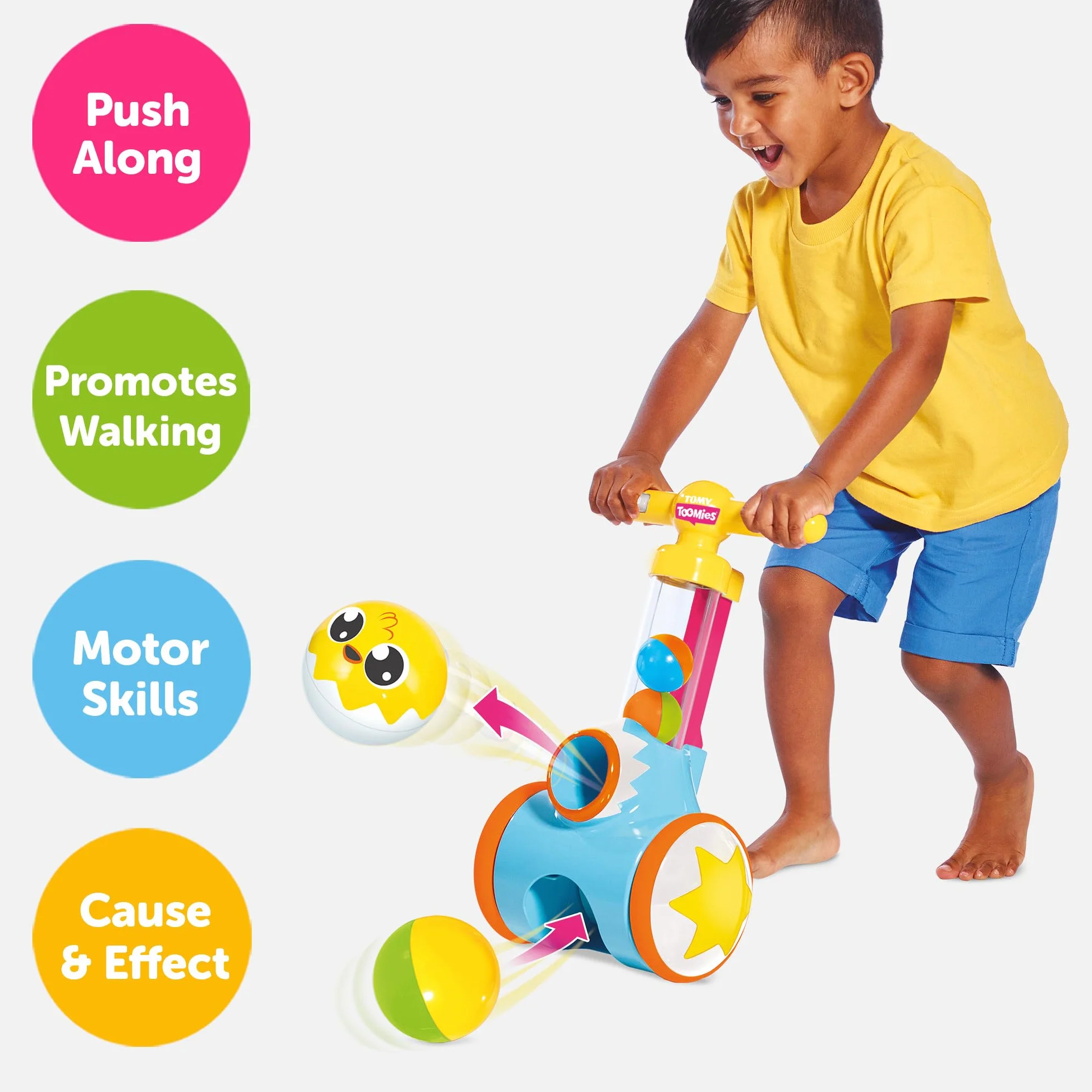 TOMY Toomies Pic and Pop Push Along Baby Toy, Toddler Ball Popper With Ball Launcher And Collector, Suitable For 18 Months, 2 and 3 Year Old Boys and Girls