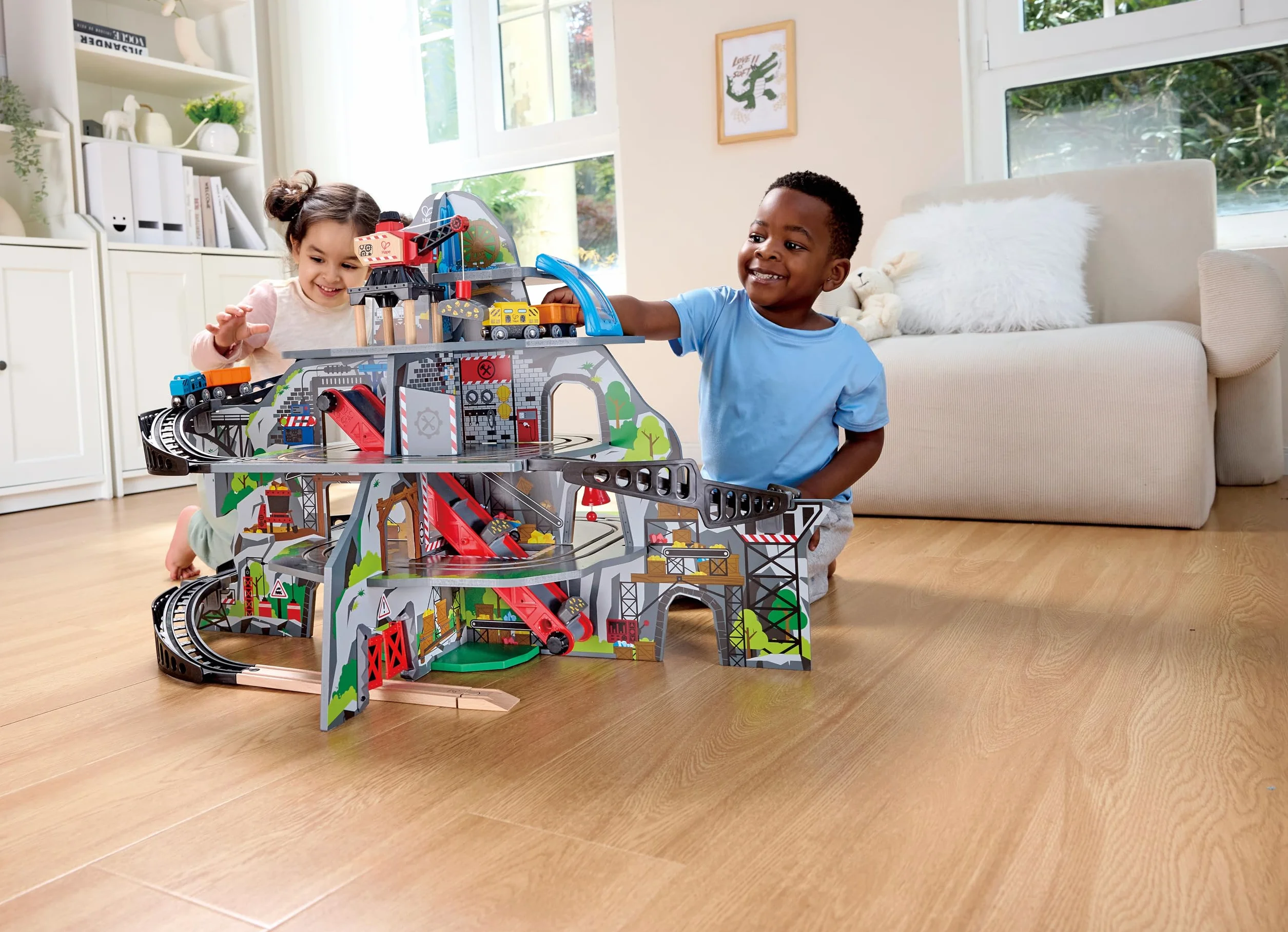 Hape Mighty Mountain Mine, Multi-Coloured 32-Piece Wooden Pretend Play Railway Set, Train Toy for Kids