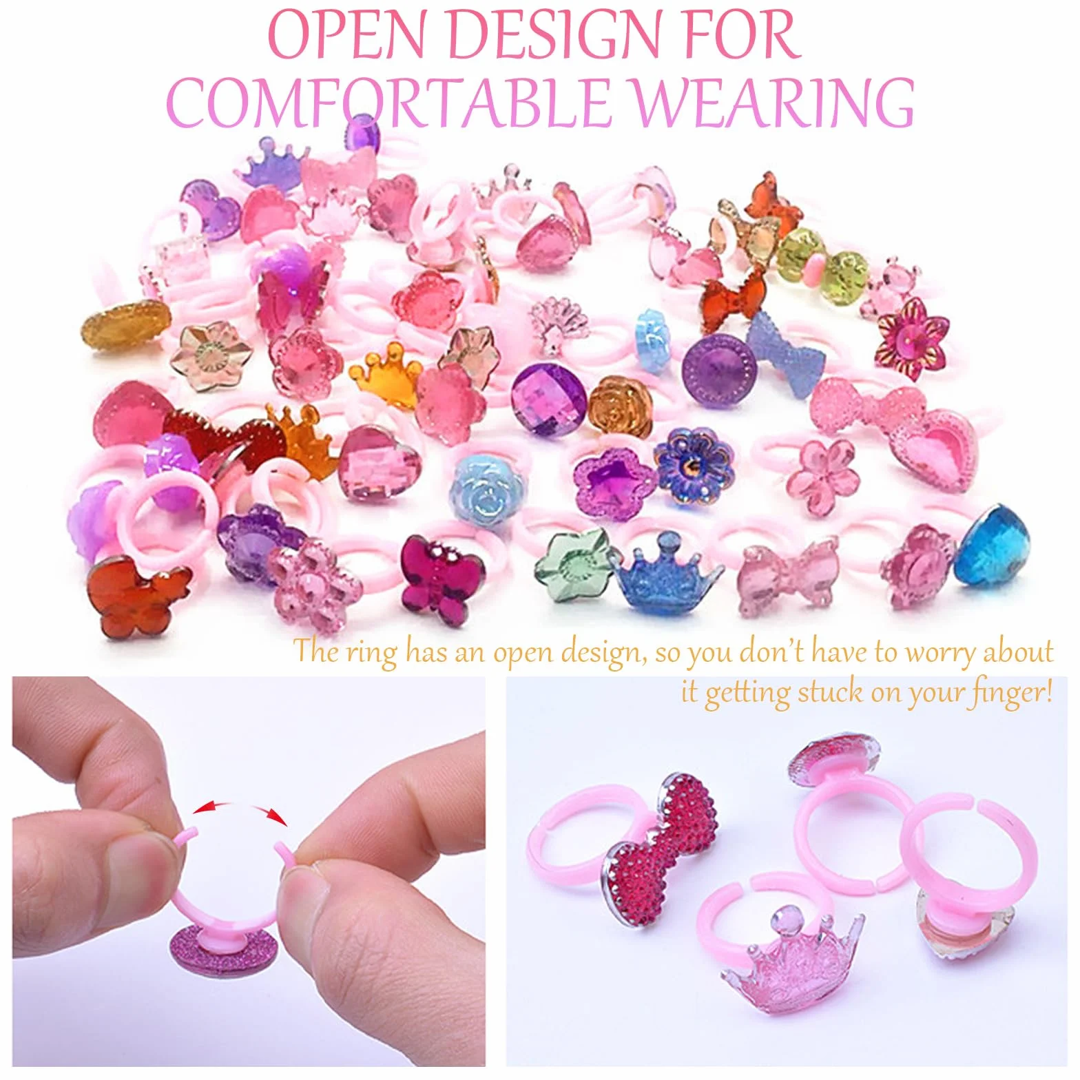 JSTHHTT 50 szt. kryształowych pierścionków jubilerskich dla dziewcząt, regulowany zestaw w różnych kolorach