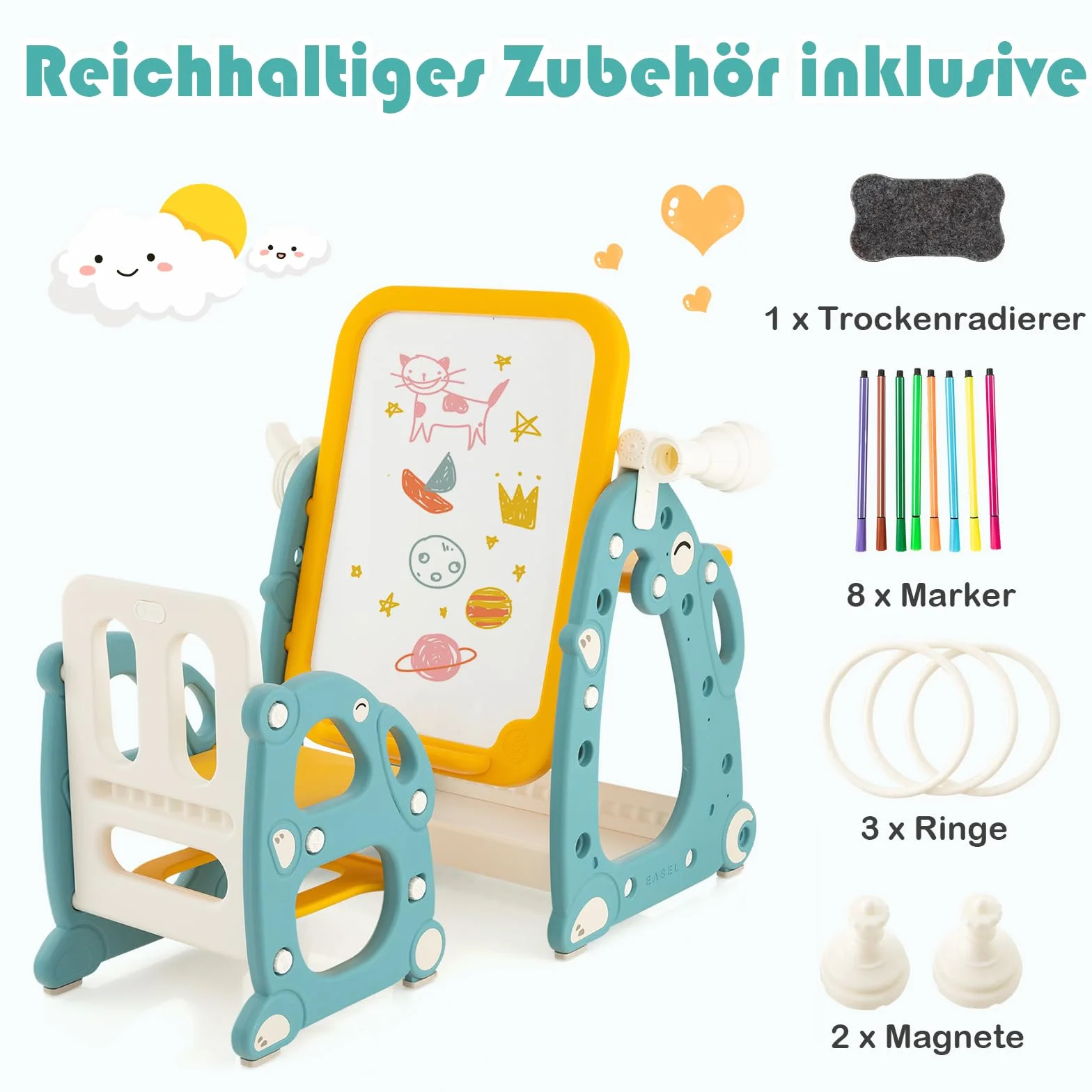 GOPLUS 4 w 1 Tablica dla dzieci z krzesłem, biurko do rysowania z magnetyczną tablicą, przestrzeń do przechowywania, regulowany teleskop i gra w pierścienie, regulowany w wysokości stolik dla dzieci w