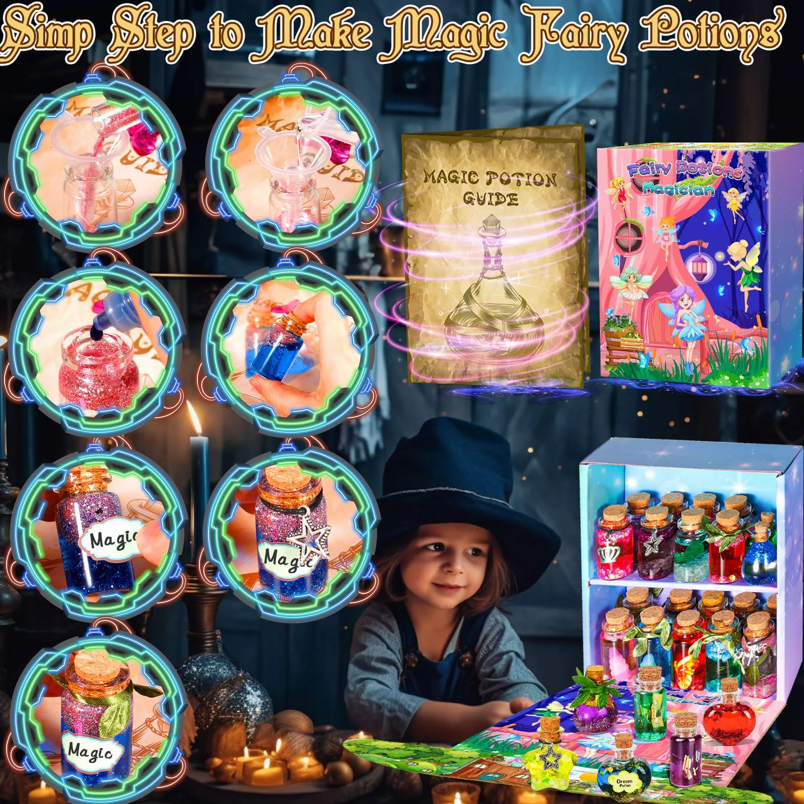 MULEVIP Zestaw magicznych mikstur dla dzieci, zestawy wróżkowych mikstur z 24 magicznymi butelkami, kryształy energii, motyle, zawieszka, magiczna mikstura Kreatywne prezenty DIY dla dziewczynek