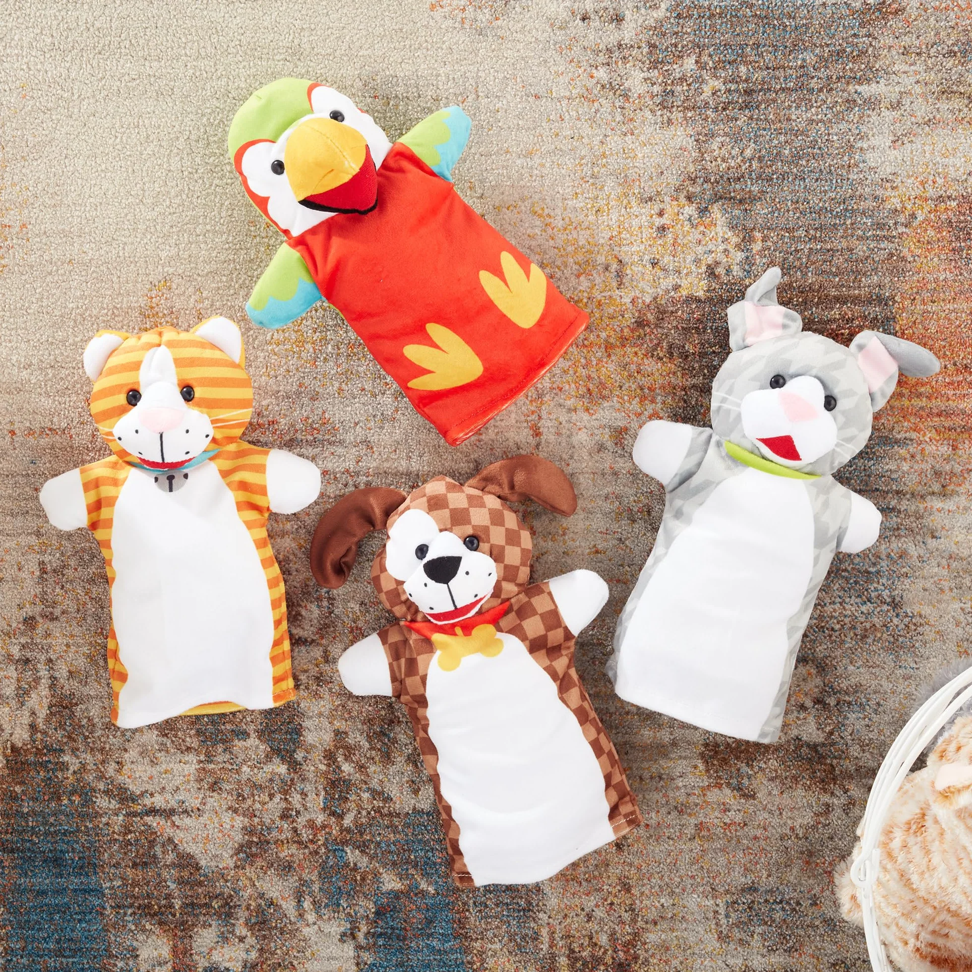 Melissa & Doug – pacynki zwierzęta domowe (zestawy pacynek: królik, papuga, kotek i piesek, miękki pluszowy materiał, zestaw 4-elementowy