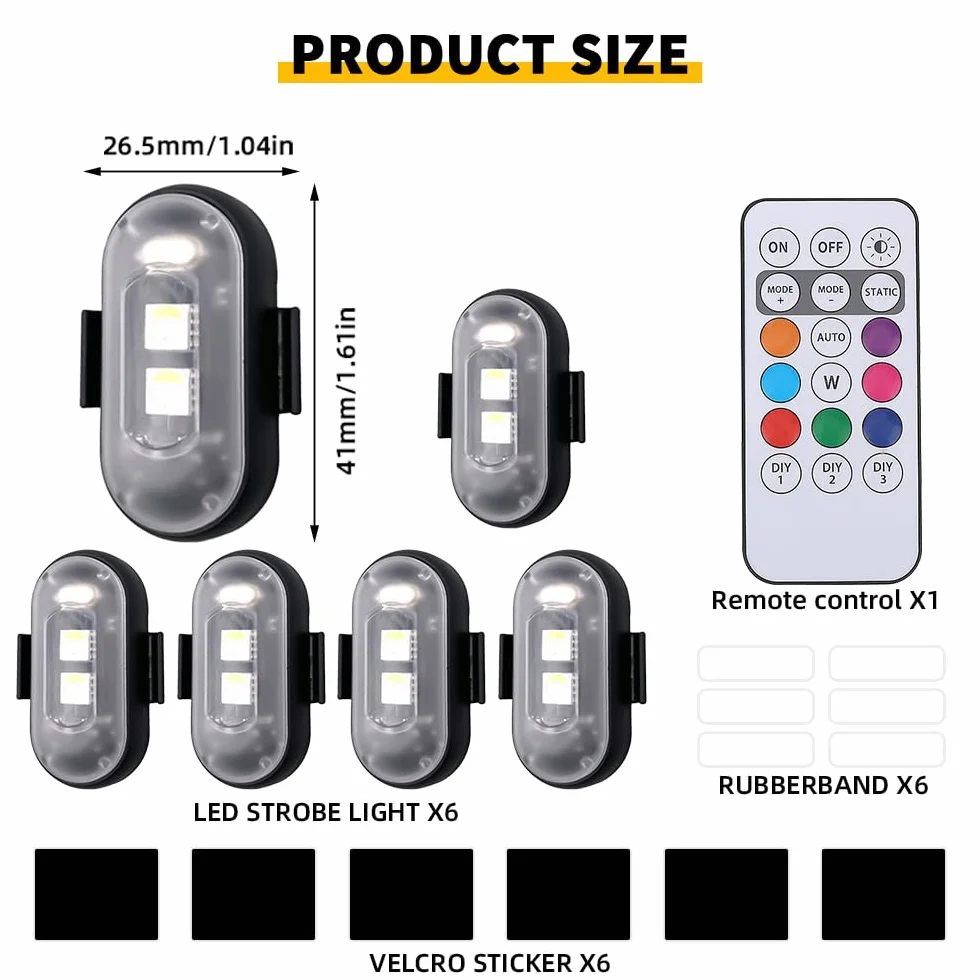 Bezprzewodowe światła LED, 6 sztuk, 8 kolorów, stroboskop, wodoszczelne, pilot zdalnego sterowania, lampa błyskowa z pilotem zdalnego sterowania, ładowanie przez USB, światła antykolizyjne, LED
