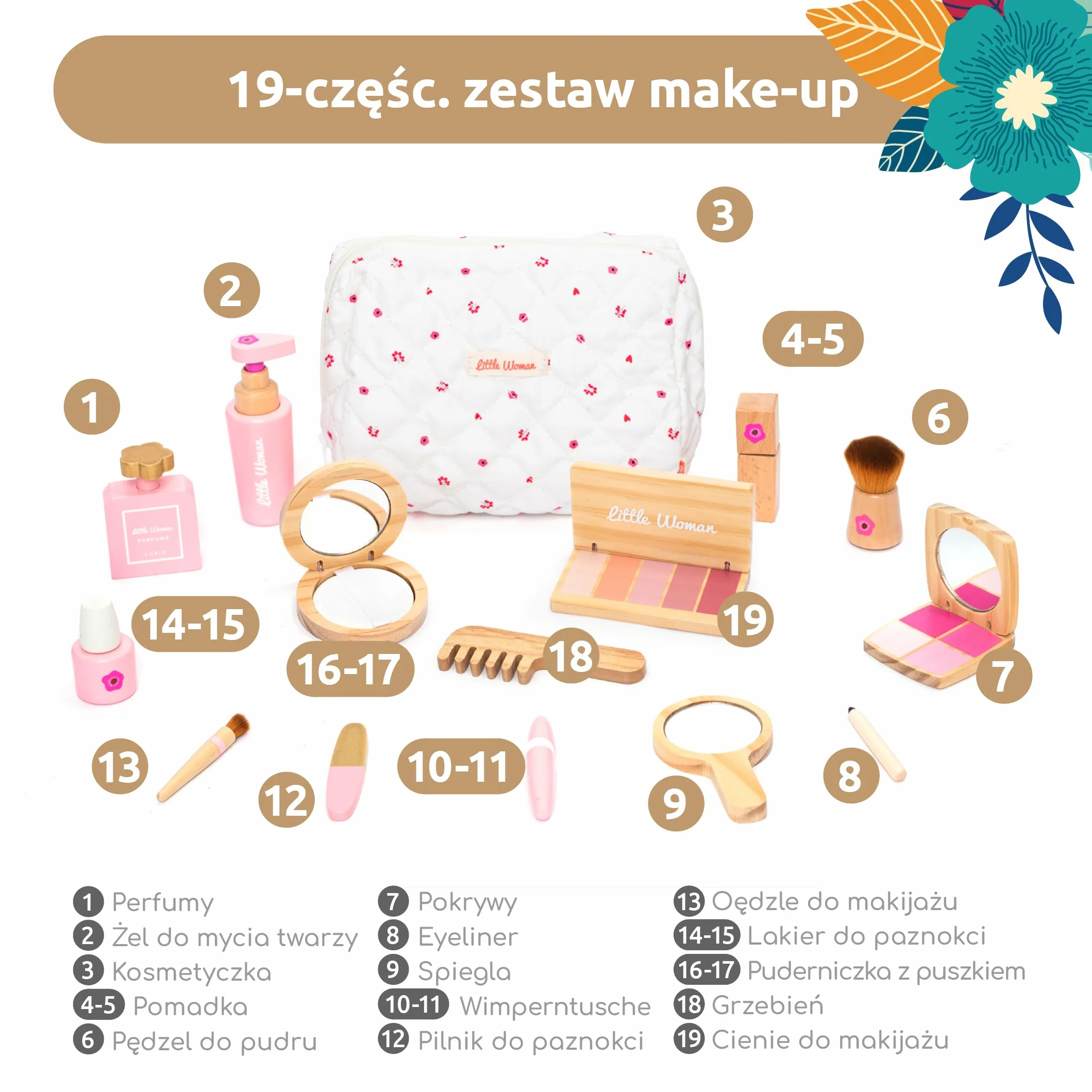 UMU® zestaw do makijażu dla dzieci z drewna – zestaw kosmetyczny i do makijażu z kosmetykami, pomadką do ust, perfumami, pudrem i torebką kosmetyczną – zabawka do makijażu dla dziewczynek od 3, 4, 5