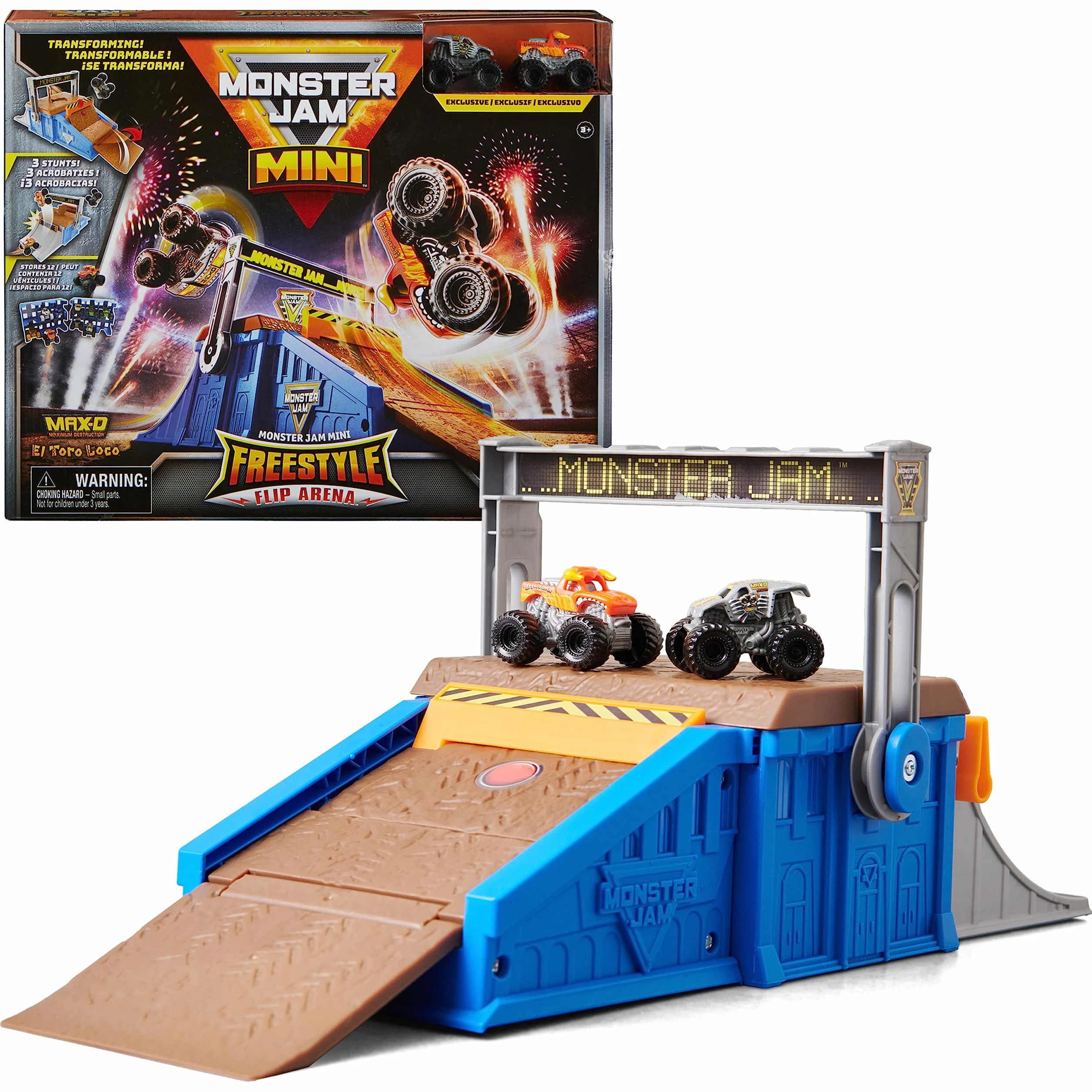 Monster Jam Mini Freestyle Flip Arena zestaw do zabawy i przechowywanie z 2 mini ciężarówkami Monster Jam dla dzieci dla chłopców i dziewcząt w wieku od 3 lat