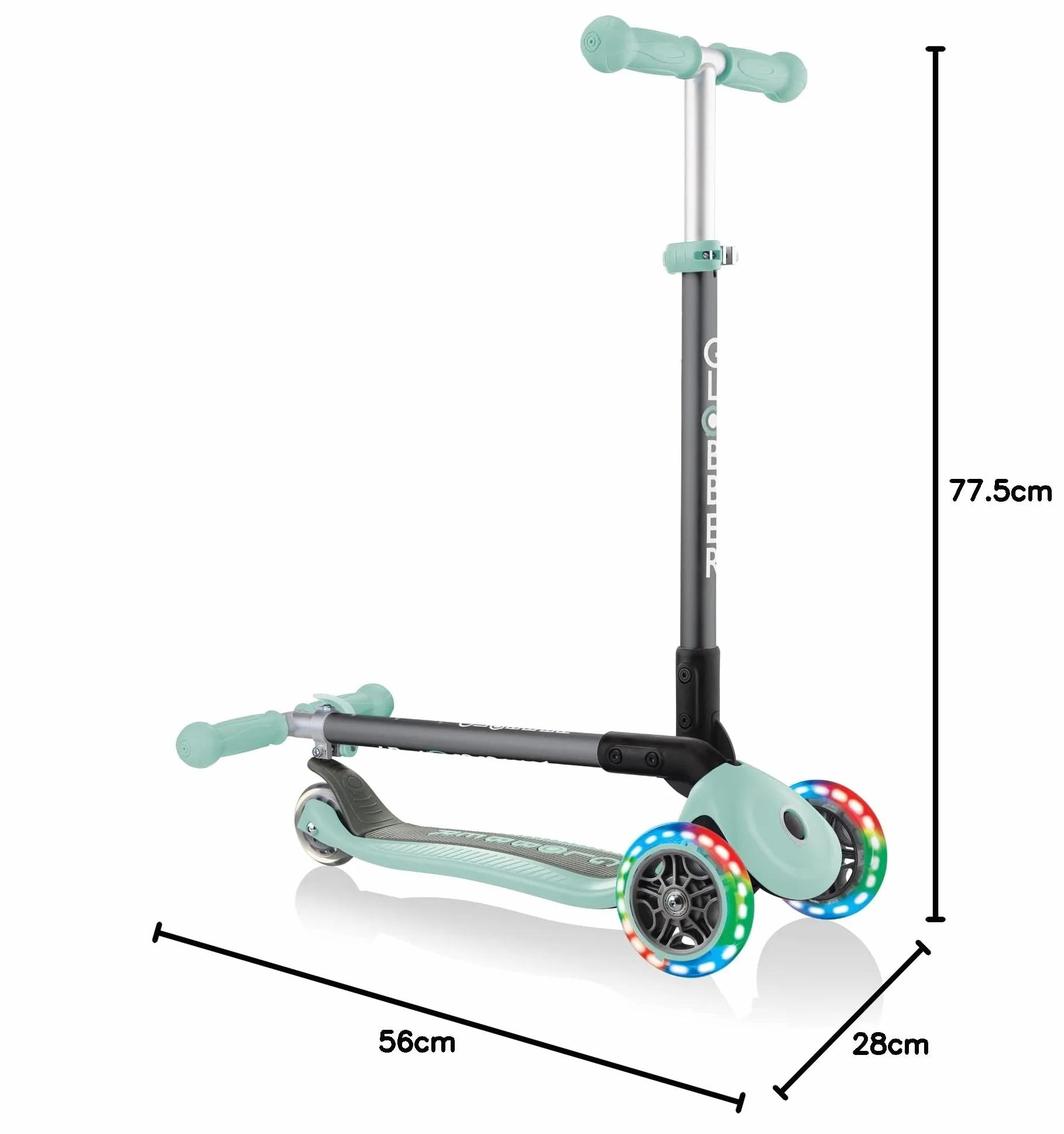Globber - Primo Foldable Lights - składana hulajnoga, podświetlana z 3 kołami dla dzieci w wieku od 3 do 7 lat +, pastelowa zieleń