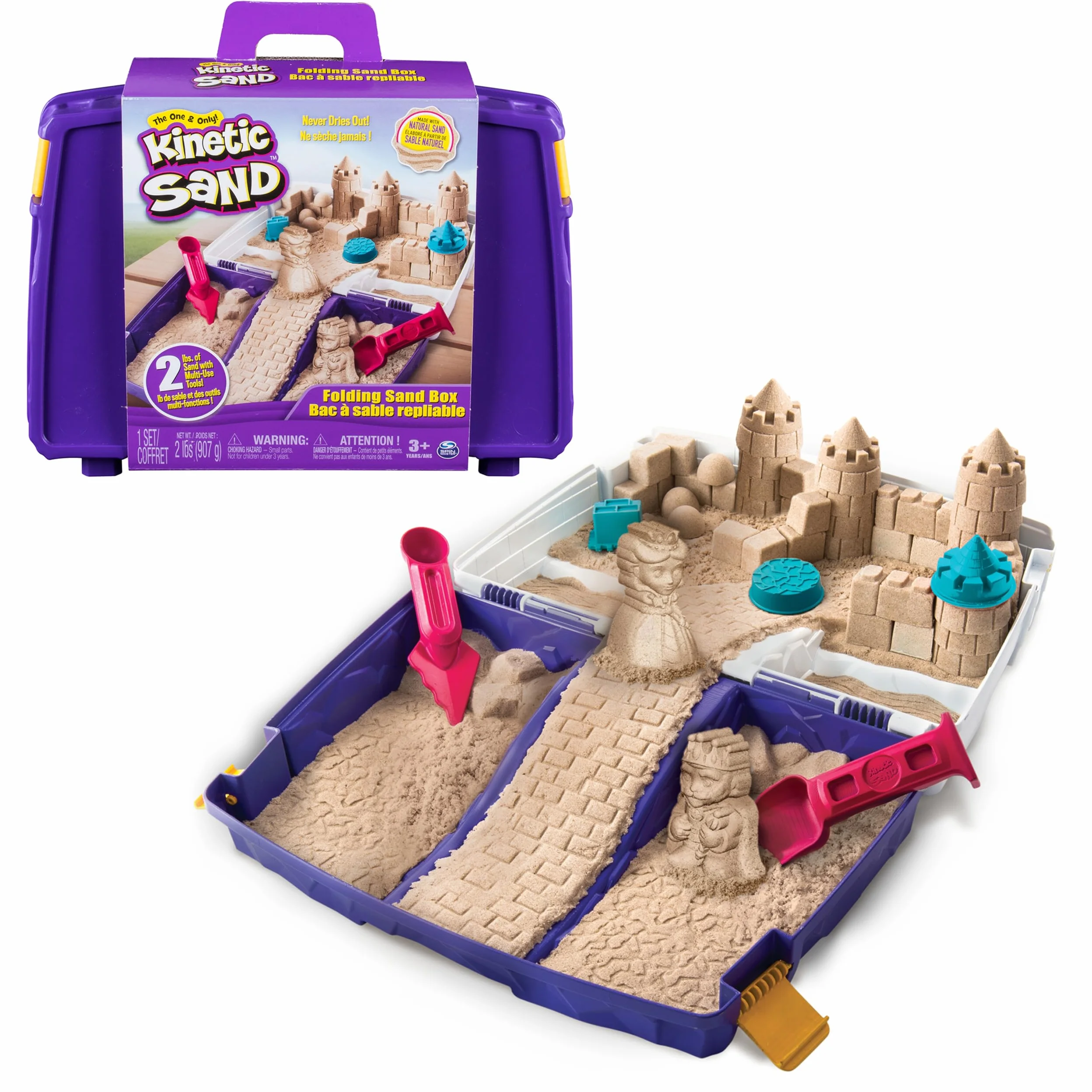 Kinetic Sand, Składana piaskownica z 2 funtami i narzędziami, wielokolorowa