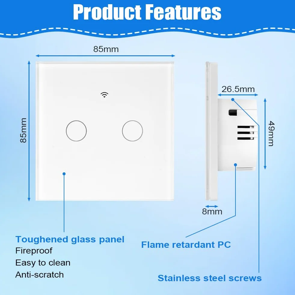 Ainiv Inteligentny włącznik światła WiFi 2-kanałowy 2,4 GHz, obsługa Alexa Google Home, aplikacja Tuya, sterowanie głosem, hartowane szkło, dotykowa rama, przełącznik ścienny, podtynkowy, biały
