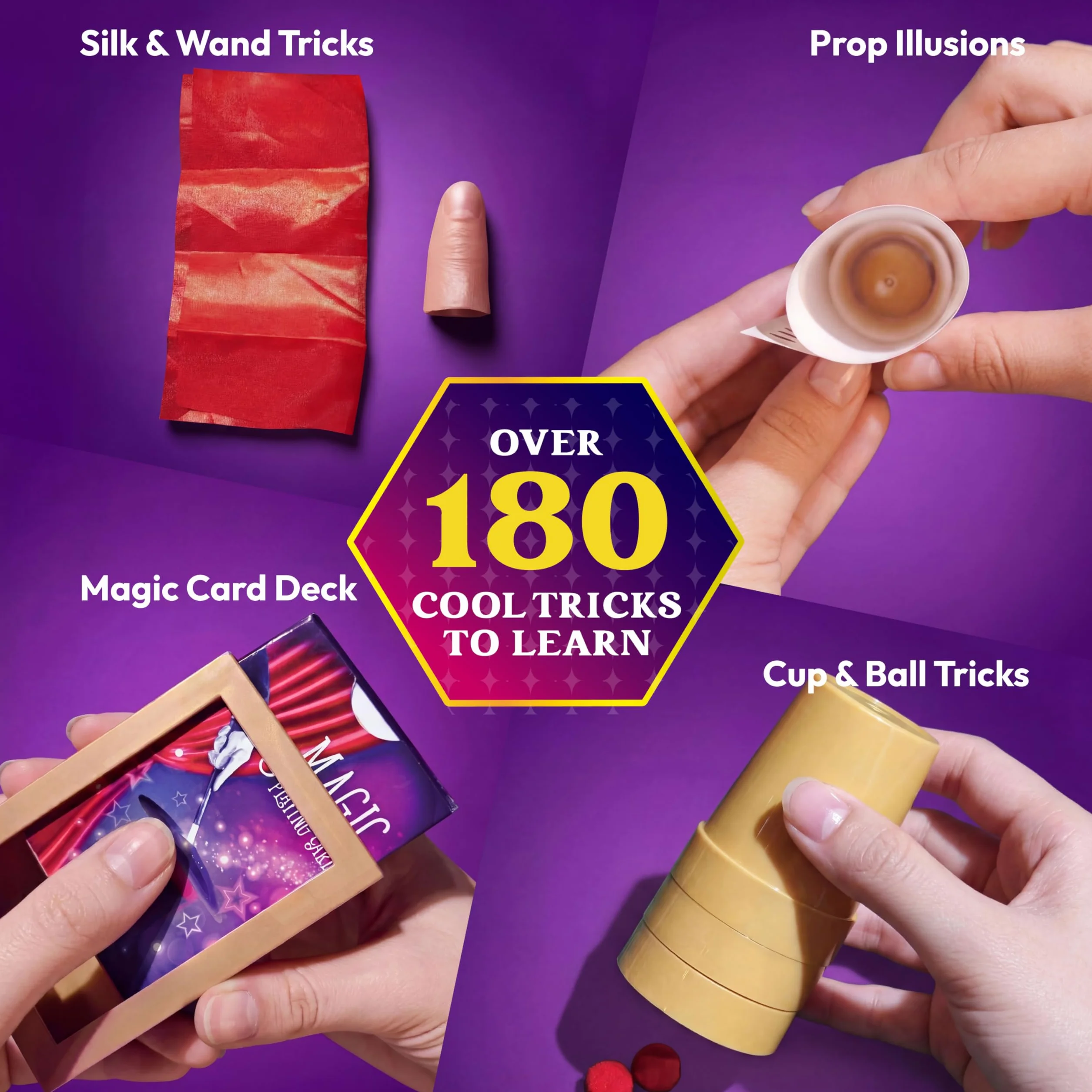 Klever Kits 180+ Magiczna gra Mój pierwszy magiczny zestaw sztuczek, niesamowita zabawka czarodzieja z lekcjami wideo krok po kroku, dla dzieci powyżej 6 lat i łatwe sztuczki magicznej różdżki, karty