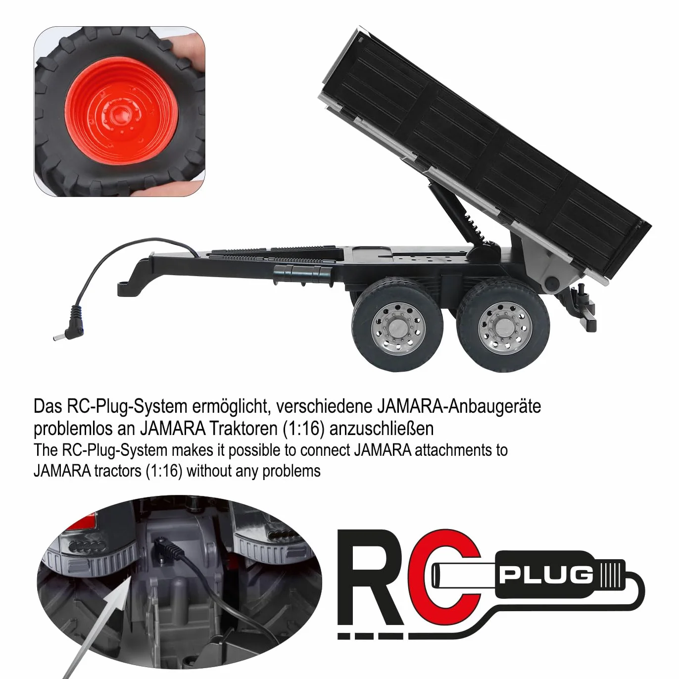 JAMARA 423282 wywrotka czarna do traktora RC 1:16 - akcesoria rolnicze, dodatek, wtyczka RC, pomysł na prezent dla dzieci, powierzchnia ładunkowa ręczna w górę/w dół, wytrzymałe tworzywo sztuczne