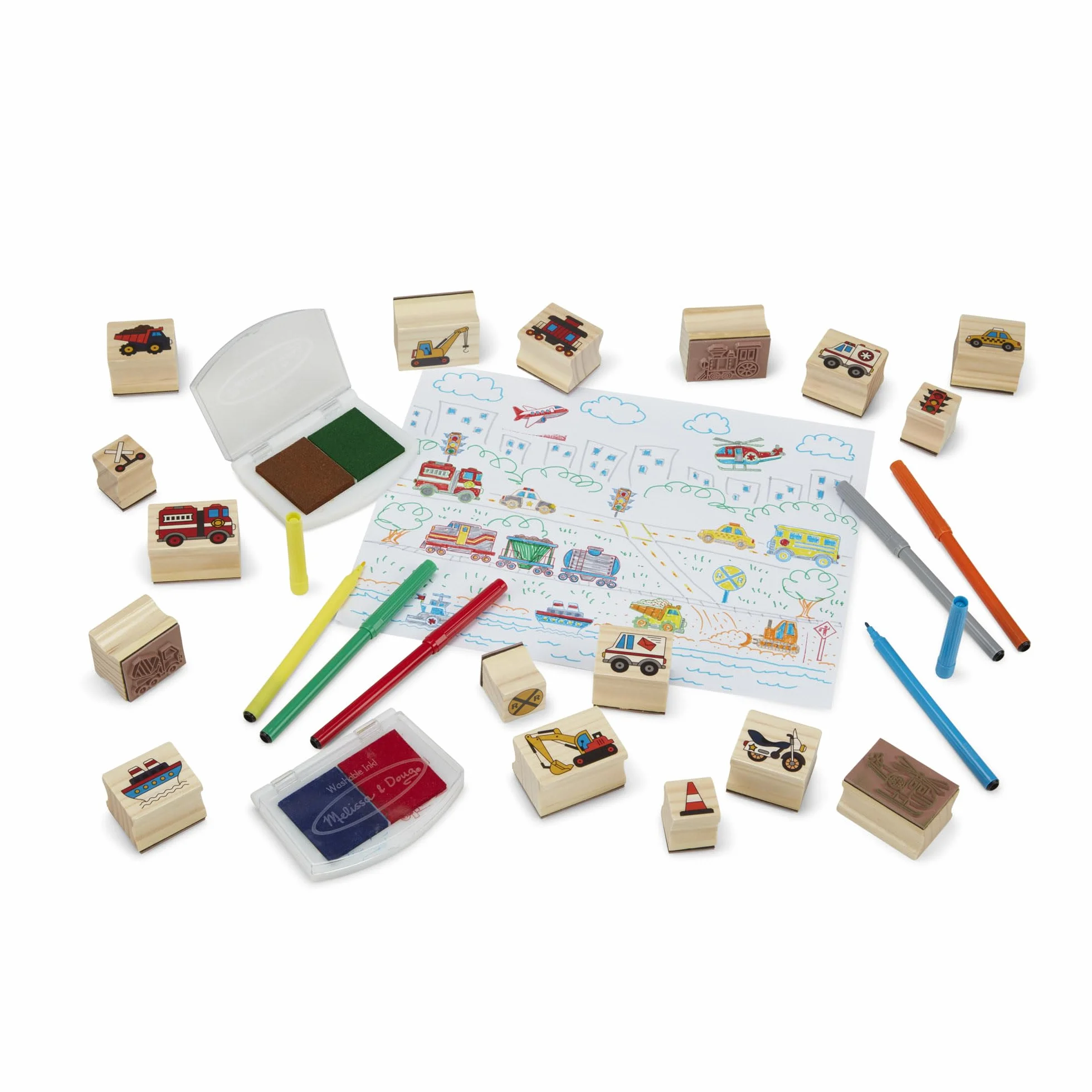 Melissa & Doug 41901 Zestaw drewnianych pieczątek Deluxe - Pojazdy | Sztuka i rzemiosło | 3+ | Prezent dla chłopca lub dziewczynki