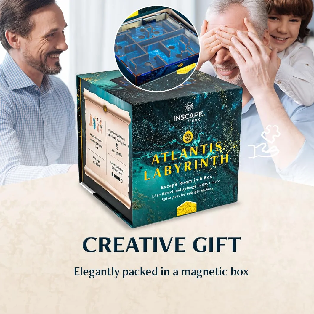 INSCAPE Atlantis Labirynt - Cluebox - Pudełko z Zagadkami - Puzzle Box - Gra Escape Room dla Dorosłych i Dzieci - Gry Logiczne - 3D Puzzle z Drewna - Gry Myślenia - Pudełko na Prezent
