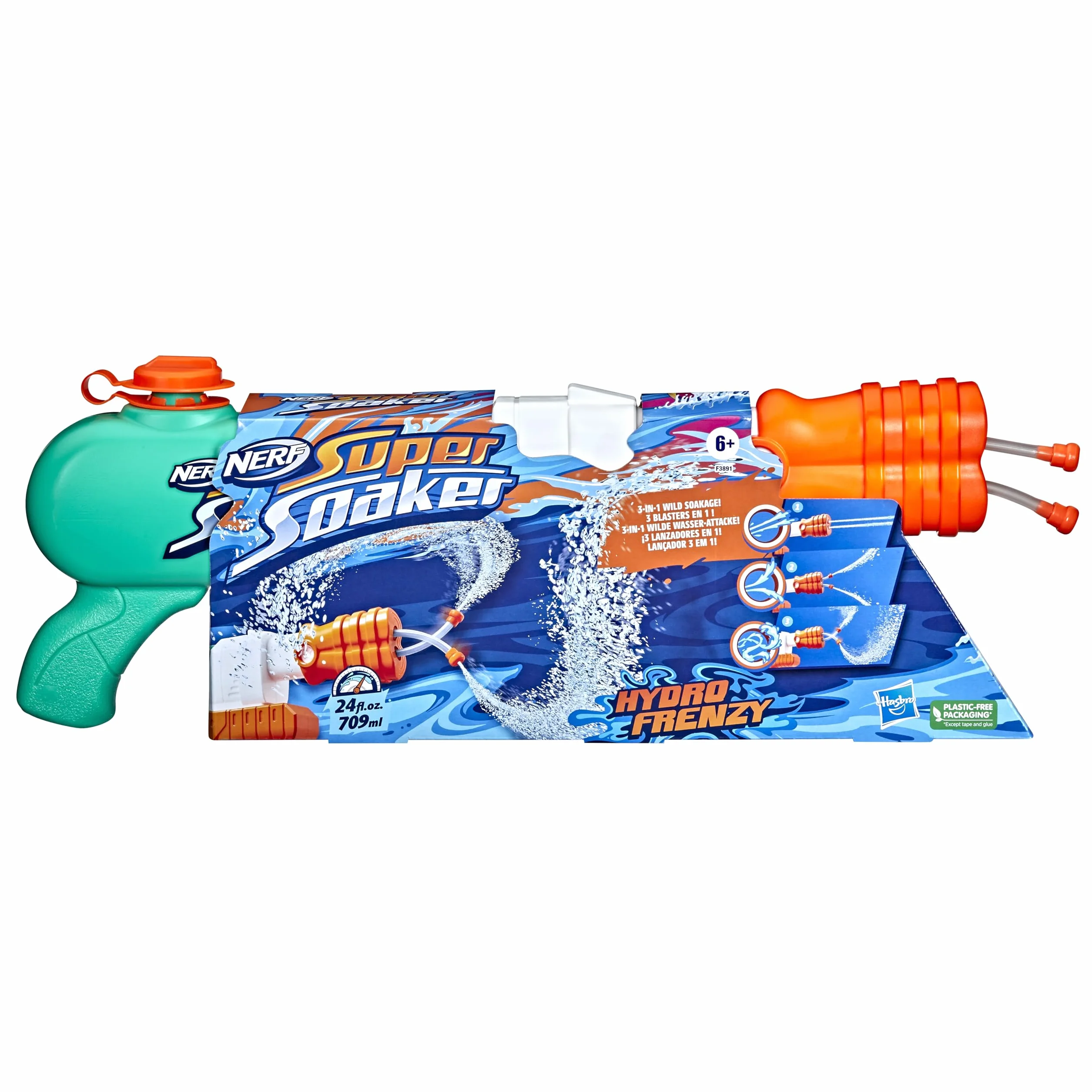 Nerf Super Soaker Hydro Frenzy Water Blaster, Wild 3-In-1 Soaking Fun, Adjustable Nozzle, 2 Water-Launching Tubes