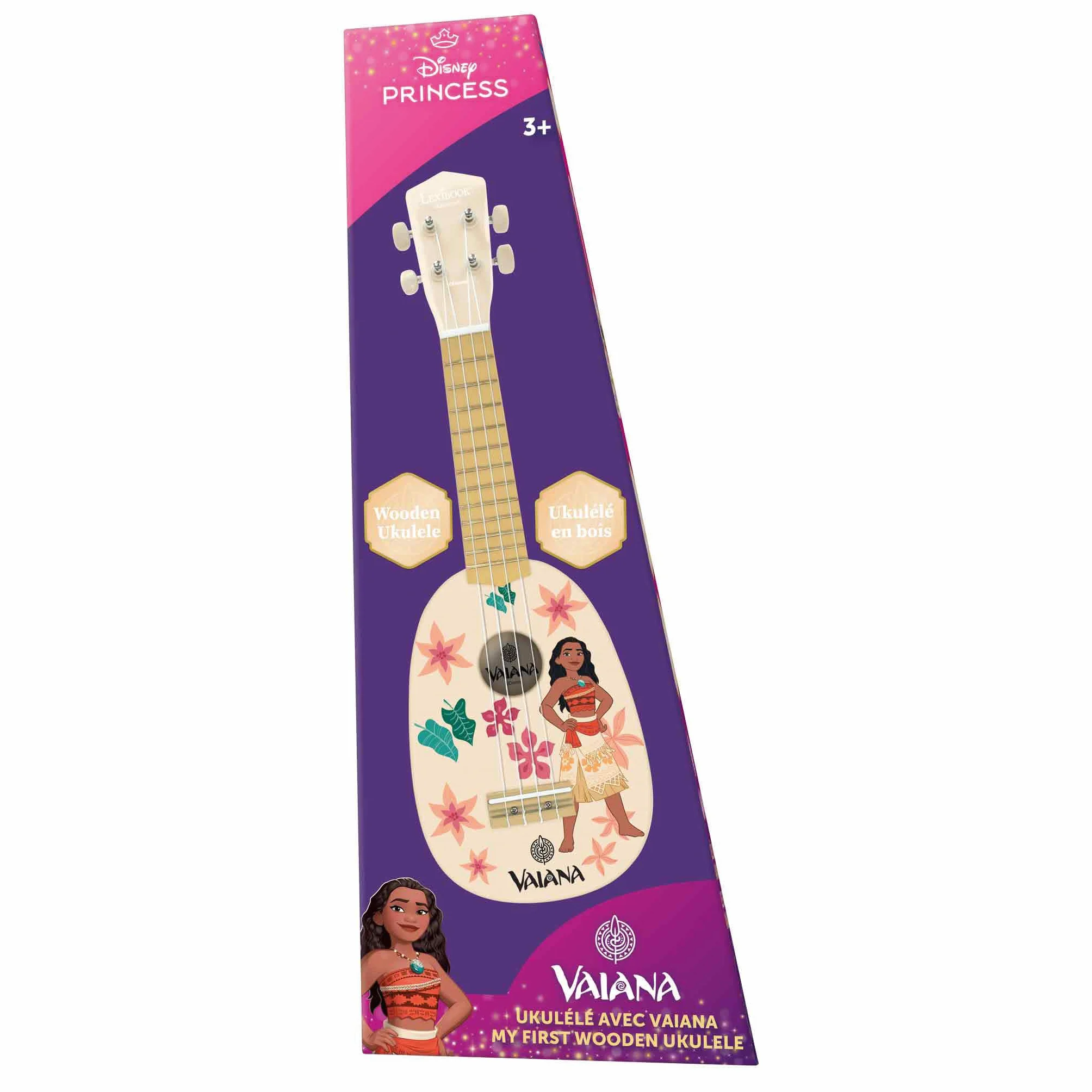 Lexibook, Disney Vaiana, Mój pierwszy drewniany ukulele, 4 nylonowe struny, 53 cm, przewodnik w zestawie, niebieski, K230VN