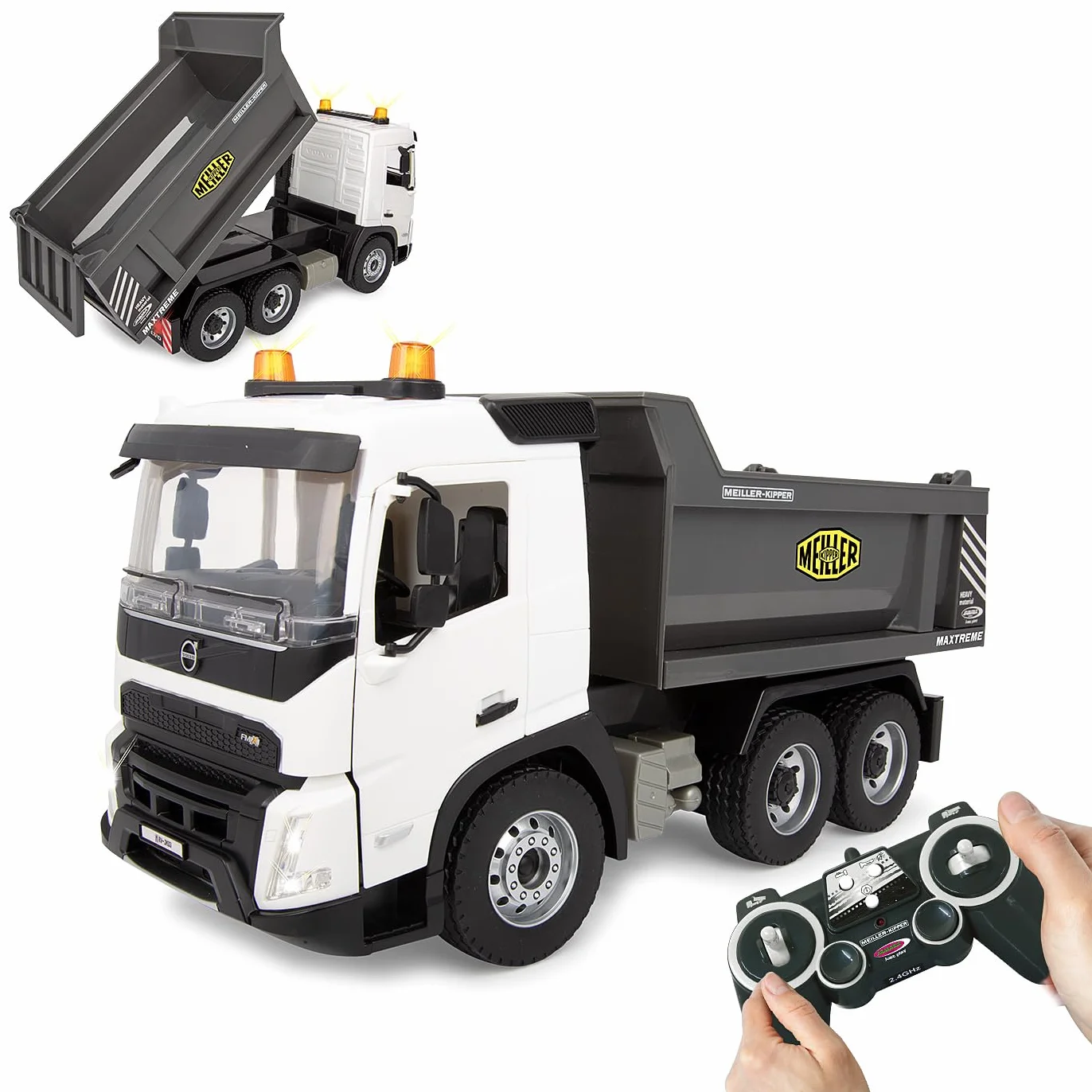 JAMARA Wywrotka Volvo FMX Meiller 1:20 2,4 GHz – oficjalnie licencjonowana, dźwięk ostrzegawczy cofania, profilowane gumowe opony, światło LED, wgłębienie uchylne w górę/w dół, pojazd budowlany
