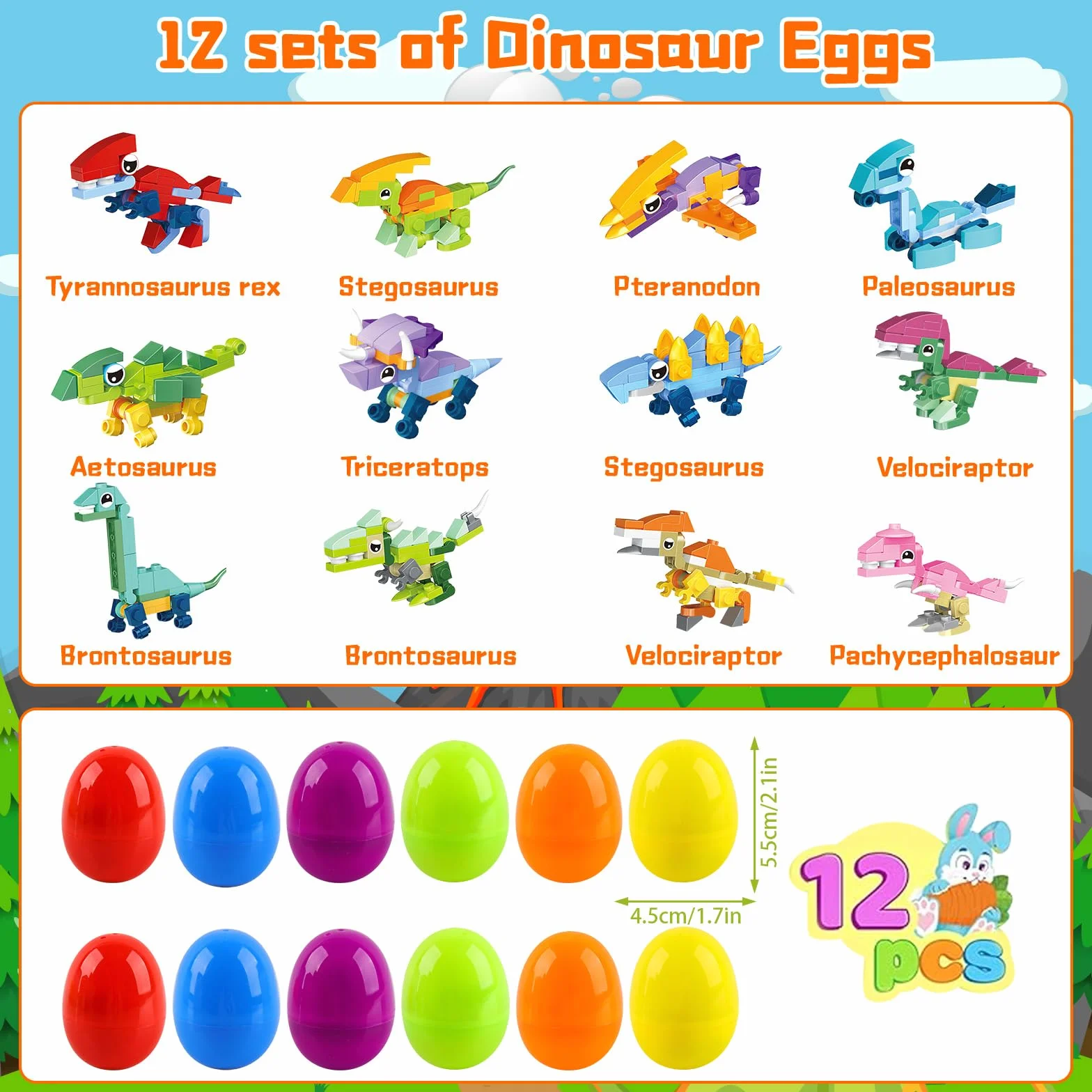 dellyy Pisanki 12 szt. Jajka Niespodzianka, Plastikowe Pisanki Z Klockami Budowlanymi Samochodowymi, Na Wielkanocne Polowanie, Prezenty dla Dzieci I Imprezowe Pamiątki (dinozaury)