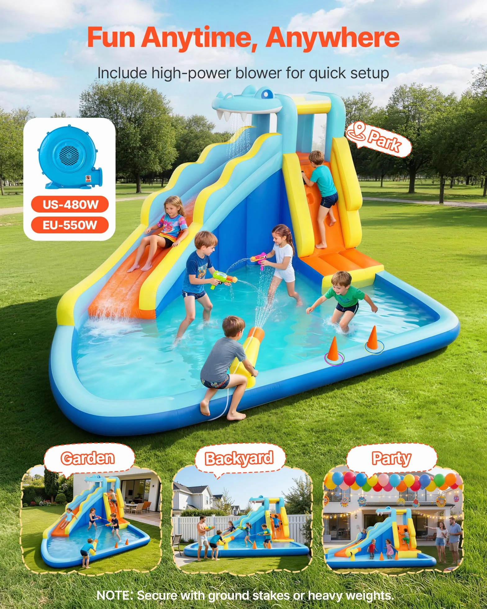 VEVOR Nadmuchiwany zamek dla dzieci park wodny 353 x 400 x 235 cm, dmuchany zamek ze zjeżdżalnią ścianą wspinaczkową pojemność ok. 3-4 dzieci w wieku 3-8 lat, zabawa wodna na zewnątrz