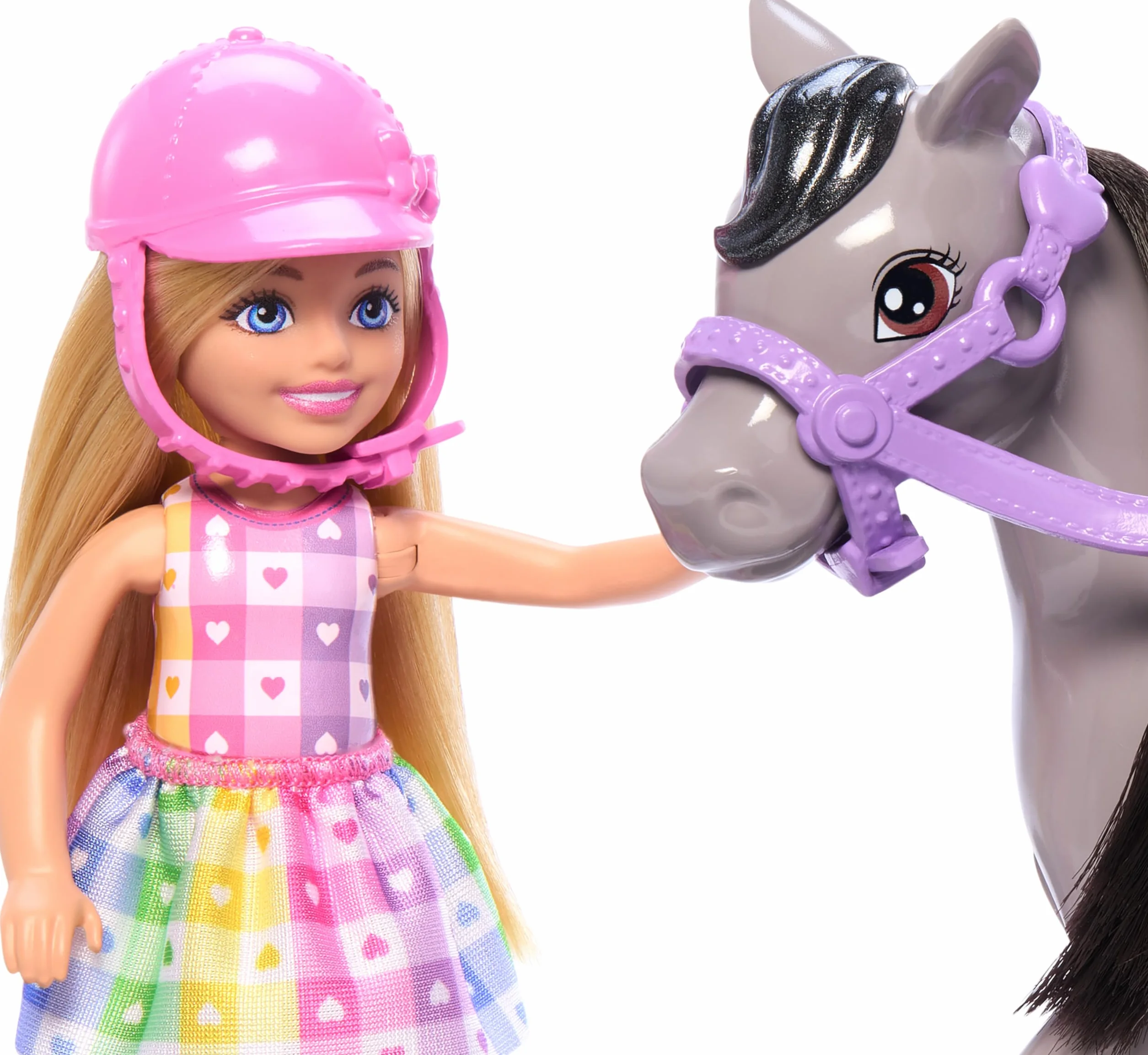 Barbie Chelsea Lalka + kucyk, toczek i siodło, lalka ma zginane nogi, aby móc „jeździć” na szarym kucyku, HTK29