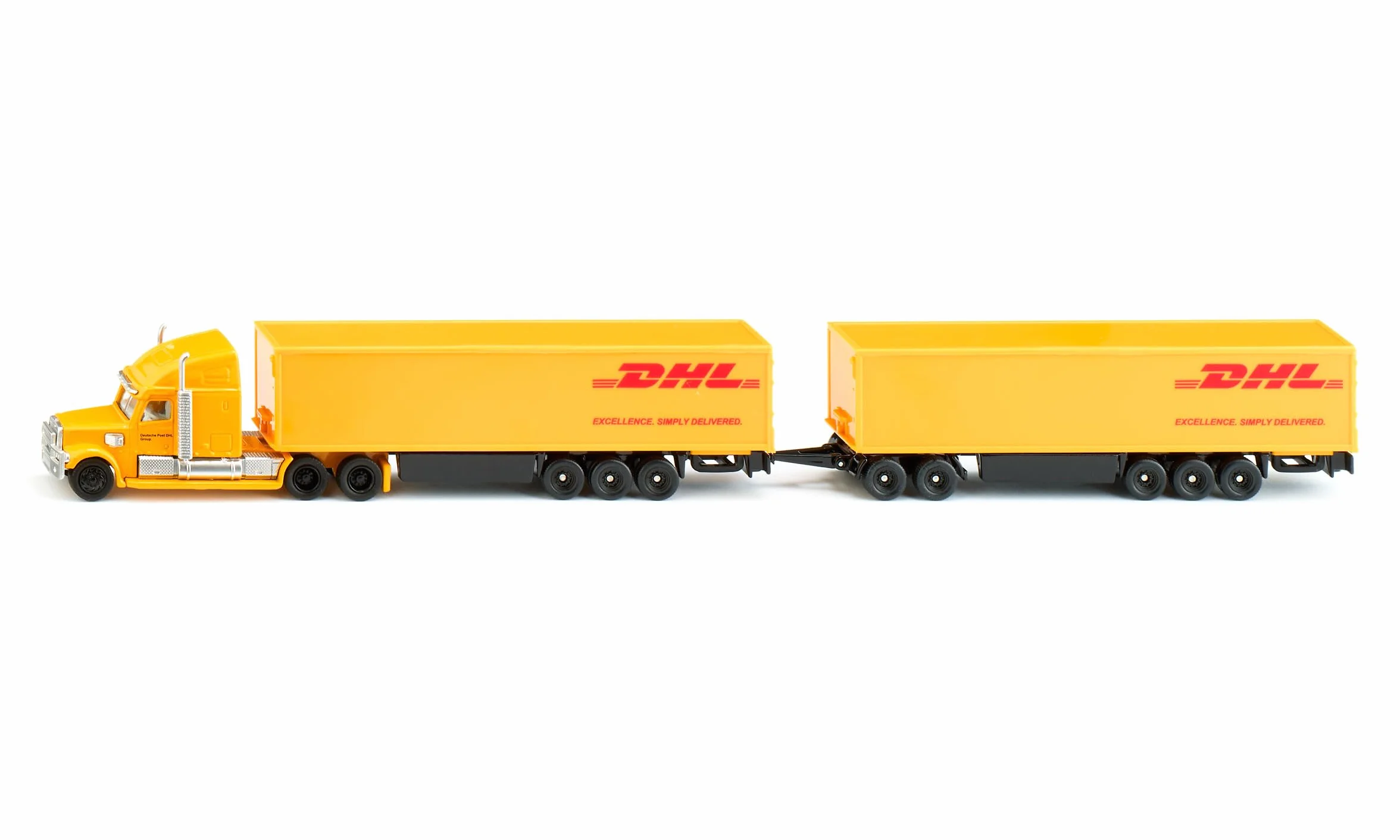 siku 1806, Freightliner DHL Road Train, Ciągnik z naczepą i przyczepą, 1:87, Metal/Tworzywo sztuczne, Żółty, Odłączana naczepa, Otwierane drzwi przyczepy