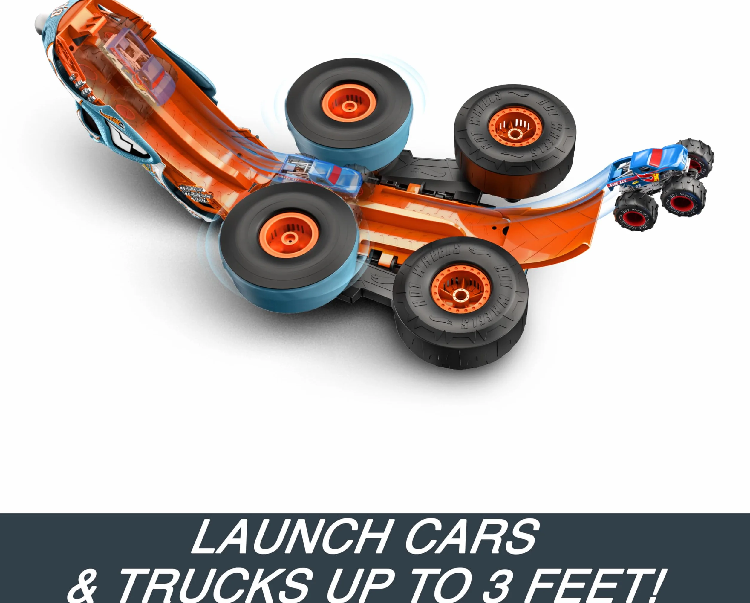 Hot Wheels Monster Trucks R/C Rhinomite Mega Transformacja Pojazd zdalnie sterowany 1:12 + pojazd Race Ace w skali 1:64, transformacja w wyrzutnię, łączy się z pomarańczowym torem, HPK27