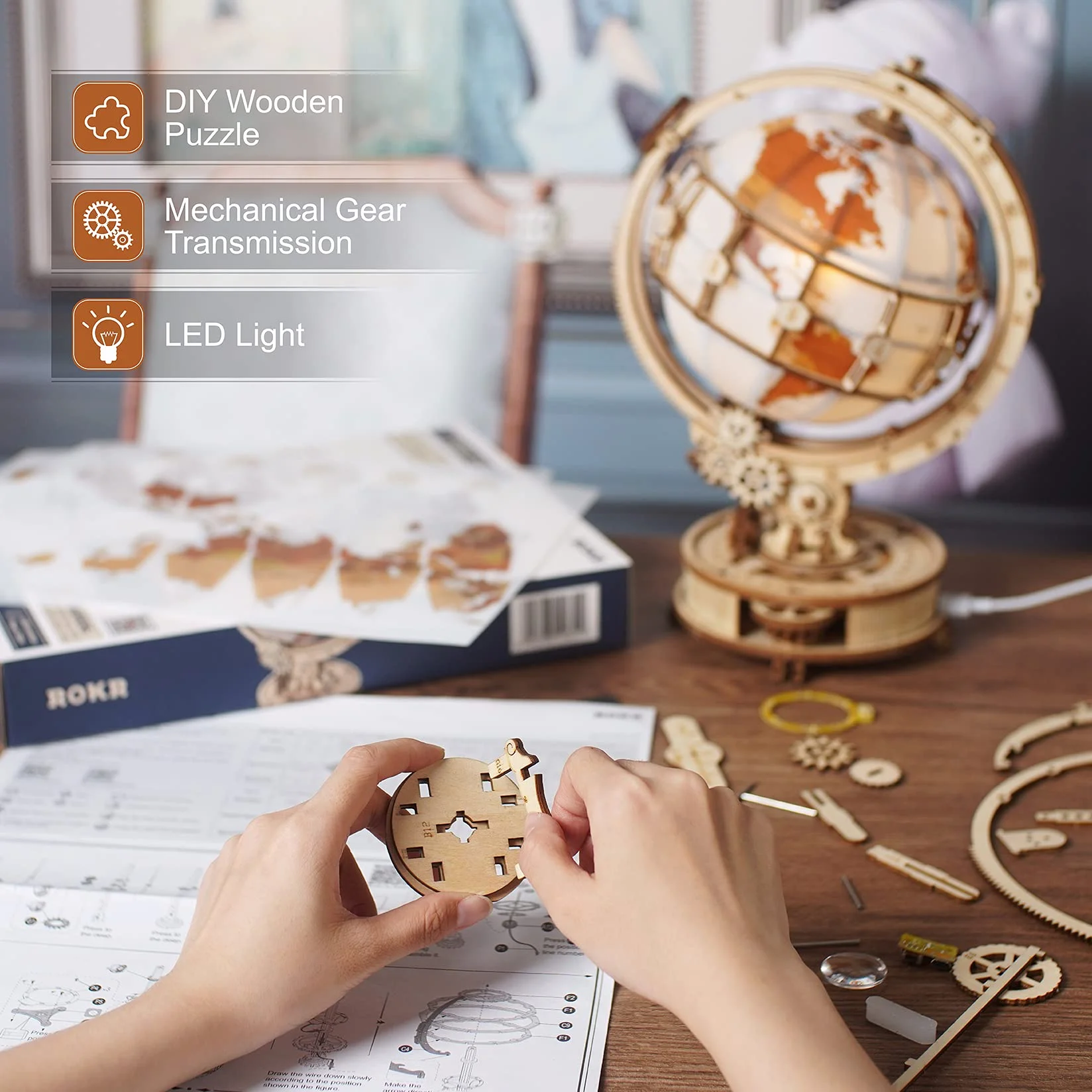 ROKR 3D Drewniane Puzzle Świecąca Kula Zestaw Modeli Do Zbudowania Dla Dorosłych