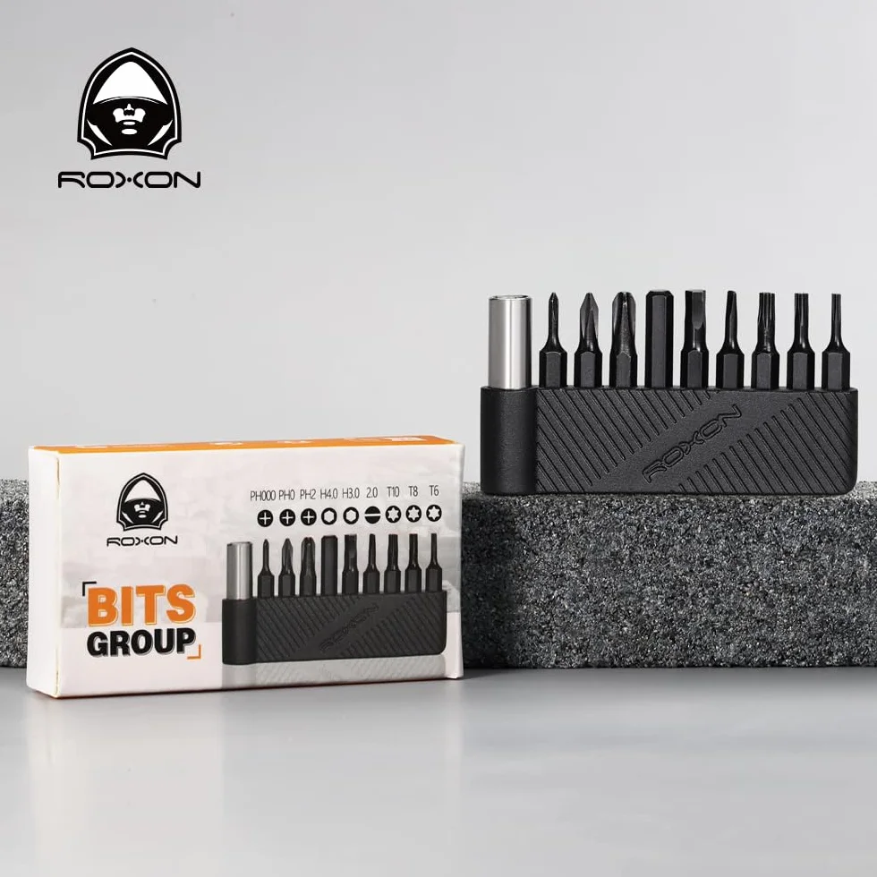ROXON 9-częściowy zestaw bitów z rozszerzonym uchwytem magnetycznym do dostosowania bitów do Roxon KS2E, H1, S802S, S803E, M2, M3, S504G; różne rozmiary śrubokrętów T8 T6 T10 PH0 PH2