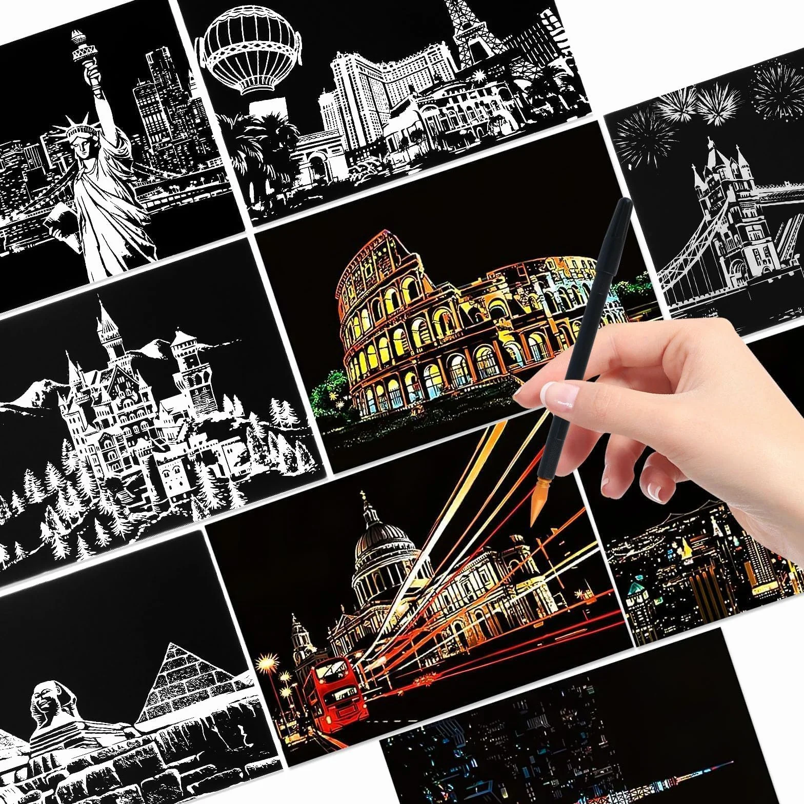 Muyohix 12 sztuk sztuki drapania, papier artystyczny do zdrapywania i szkic A5 dla dzieci i dorosłych, sztuka z serii City Scratchboard Art, karta do zdrapania, kreatywne hobby dla dzieci (z 9