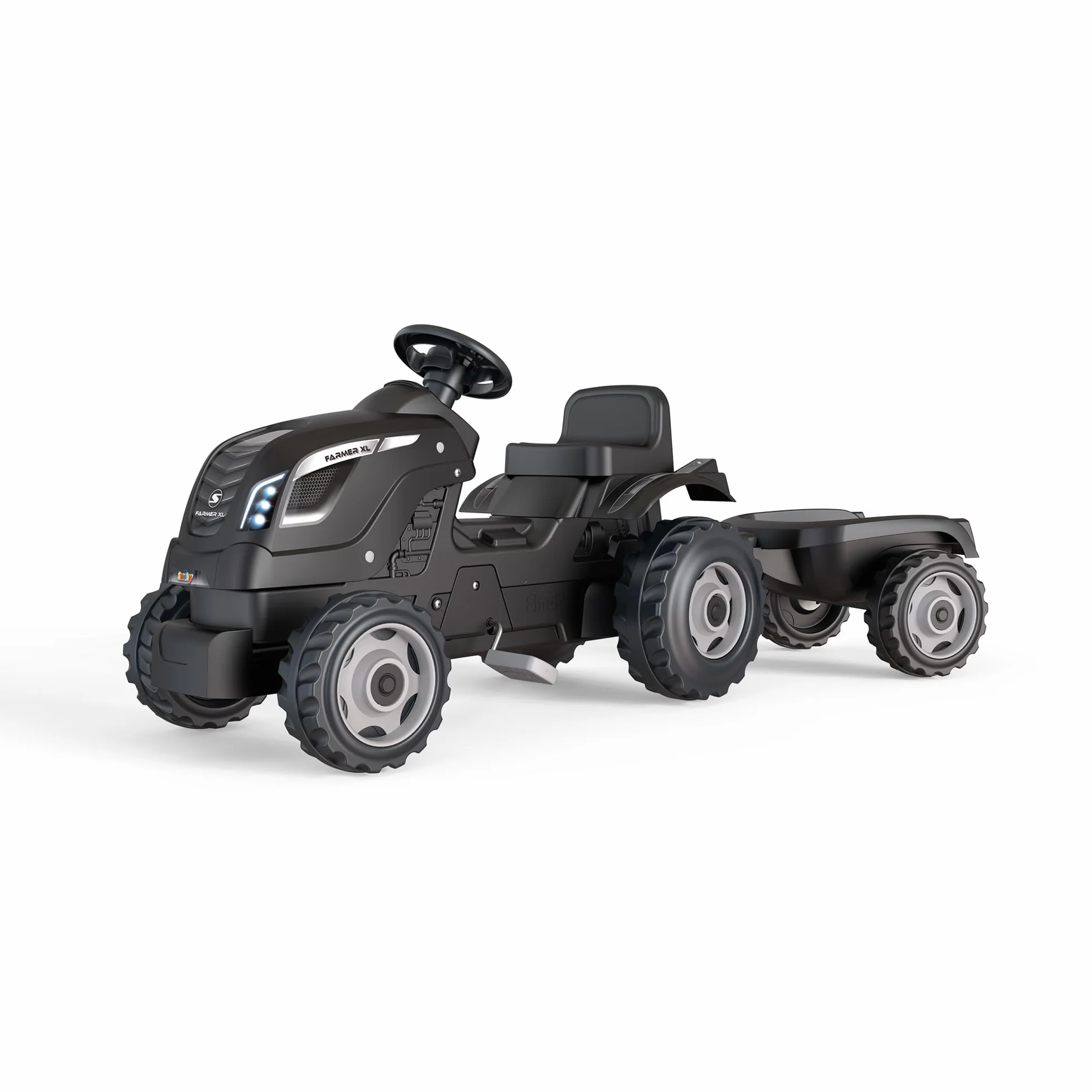 Smoby - Farmer XL Czarny Traktor + Przyczepa - Traktor na pedały dla dzieci - Regulowane Siedzenie - Kierownica z Klaksonem - Otwierana Maska - Od 3 Lat - Wyprodukowano We Francji