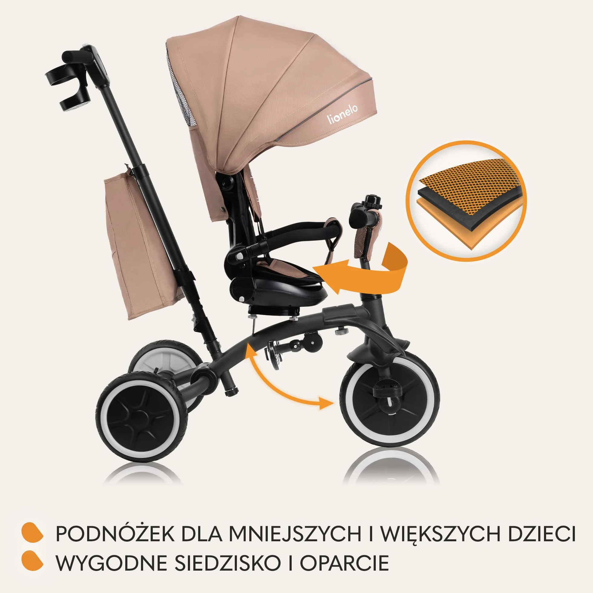LIONELO Tris Plus Wielofunkcyjny Rowerek Trójkołowy od 9 miesięcy do 5 lat do 25 kg, Wózek Dziecięcy, Duże Koła PU Obrotowe Siedzisko 360° Regulacja Oparcia Montaż bez Narzędzi (Beżowy)