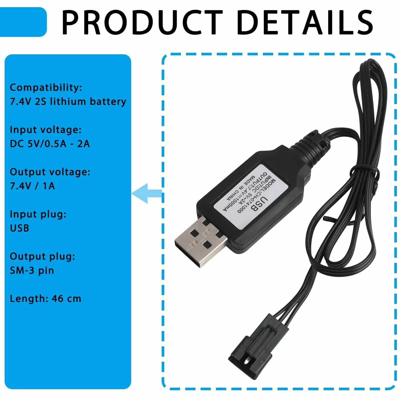 Złącze SM-3P USB kabel ładowarki do akumulatorów LiPo 7,4 V 2S RC