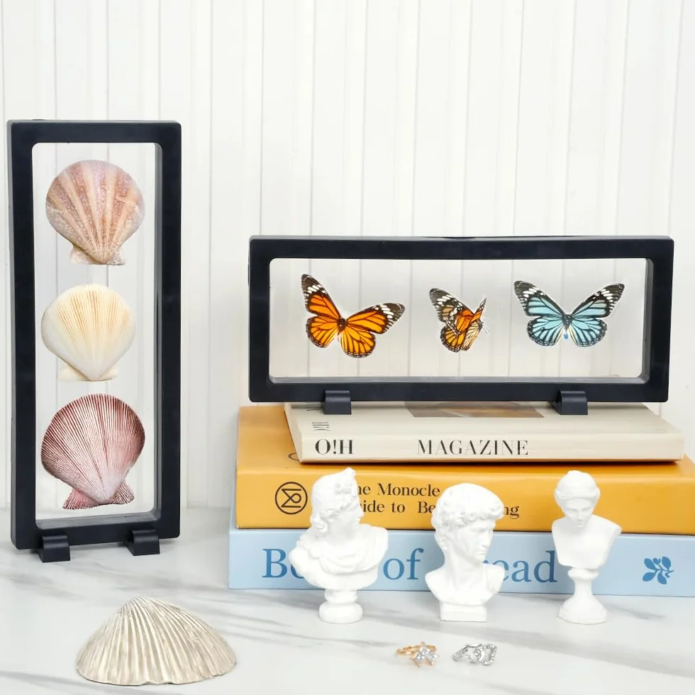 5 szt. przezroczystych 3D pływających etui z 10 uchwytami – czarna ramka na monety na medale AA, biżuterię, muszle, skamieniałości (230 x 90 x 20 mm)