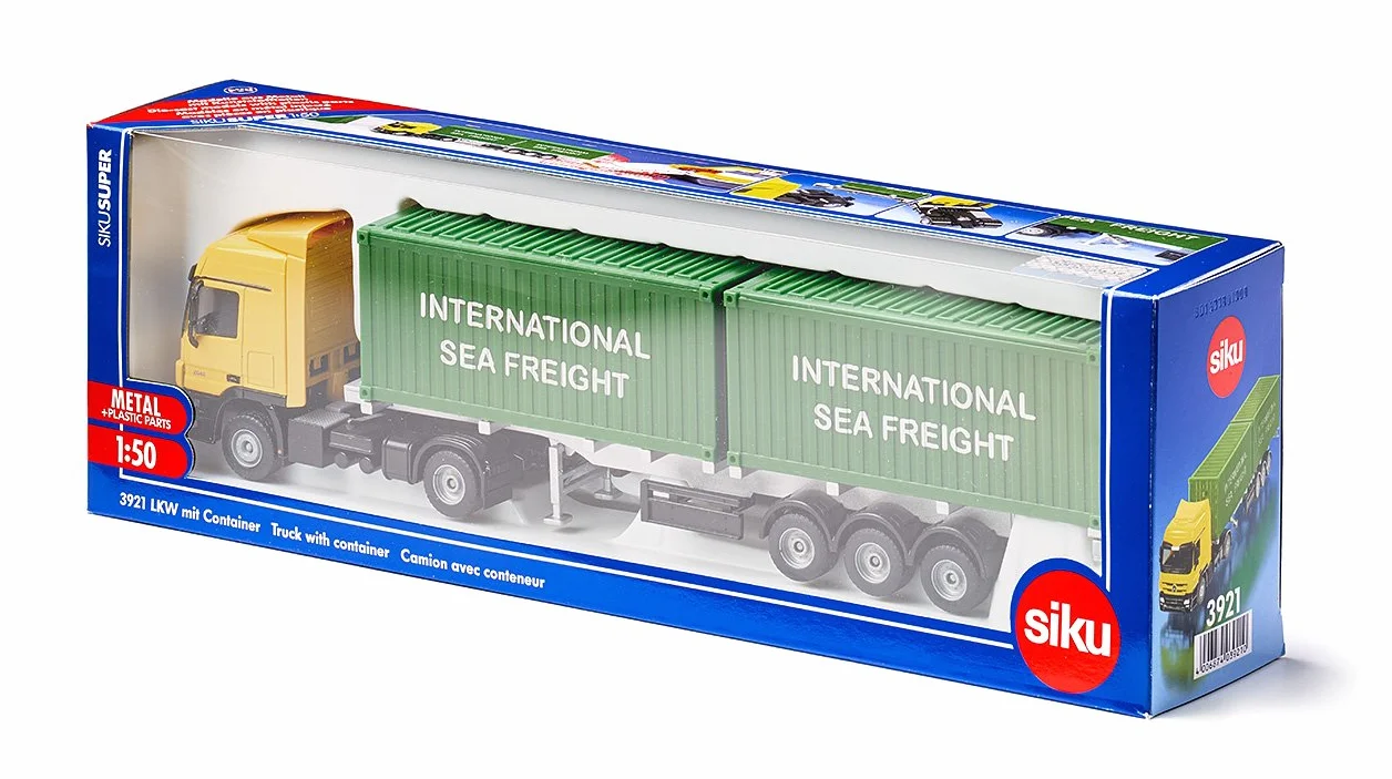 Siku 3921, Ciężarówka z kontenerami, 1:50, Metal,Tworzywo sztuczne, Żółty,Zielony, Zmienna długość przyczepy