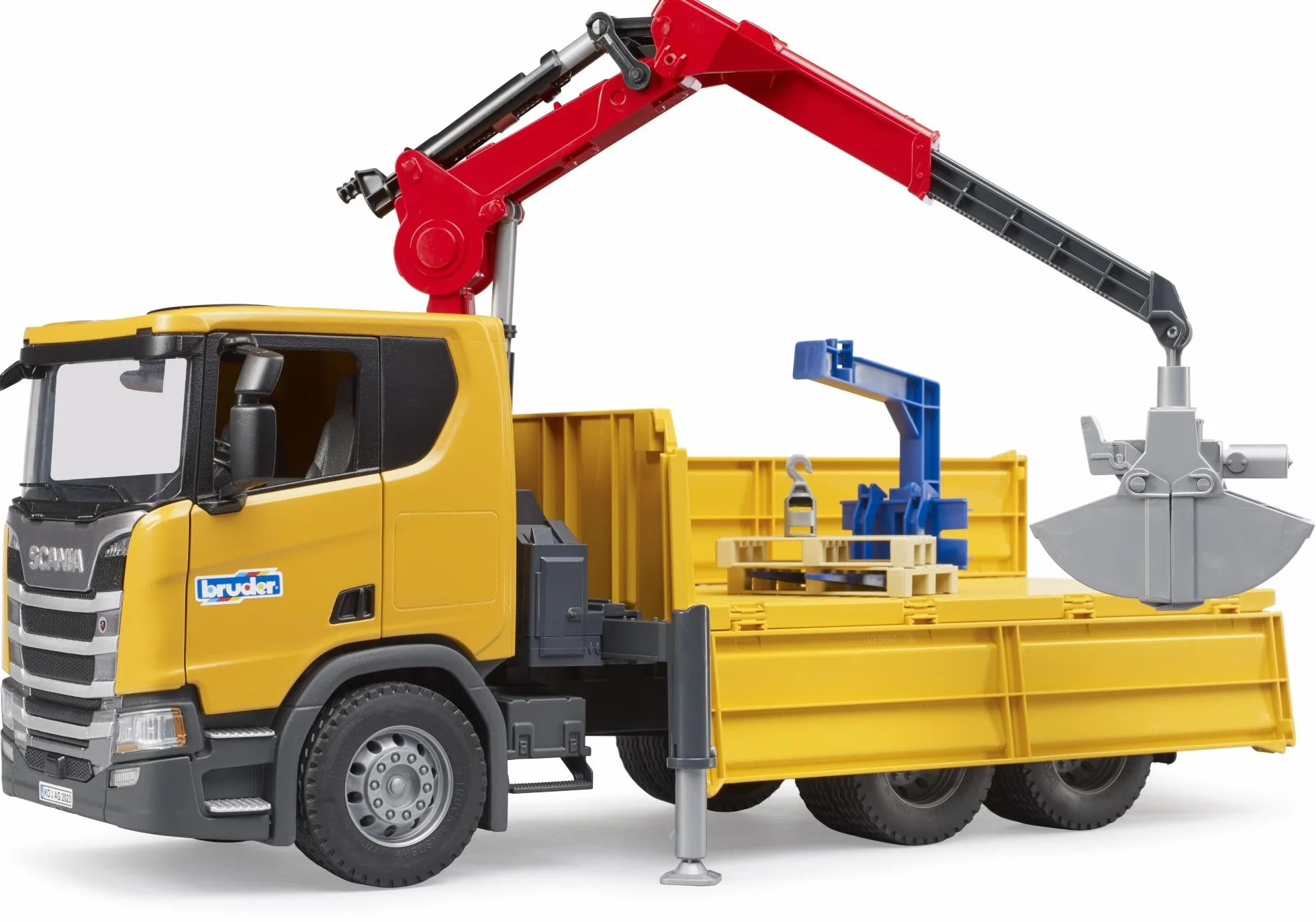 bruder 03551 - Scania Super 560R ci|arówka budowlana z dzwigiem i 2 paletami, pojazdy, pojazd budowlany, ci|arówka z dzwigiem, ci|arówka, zabawki od 4 lat