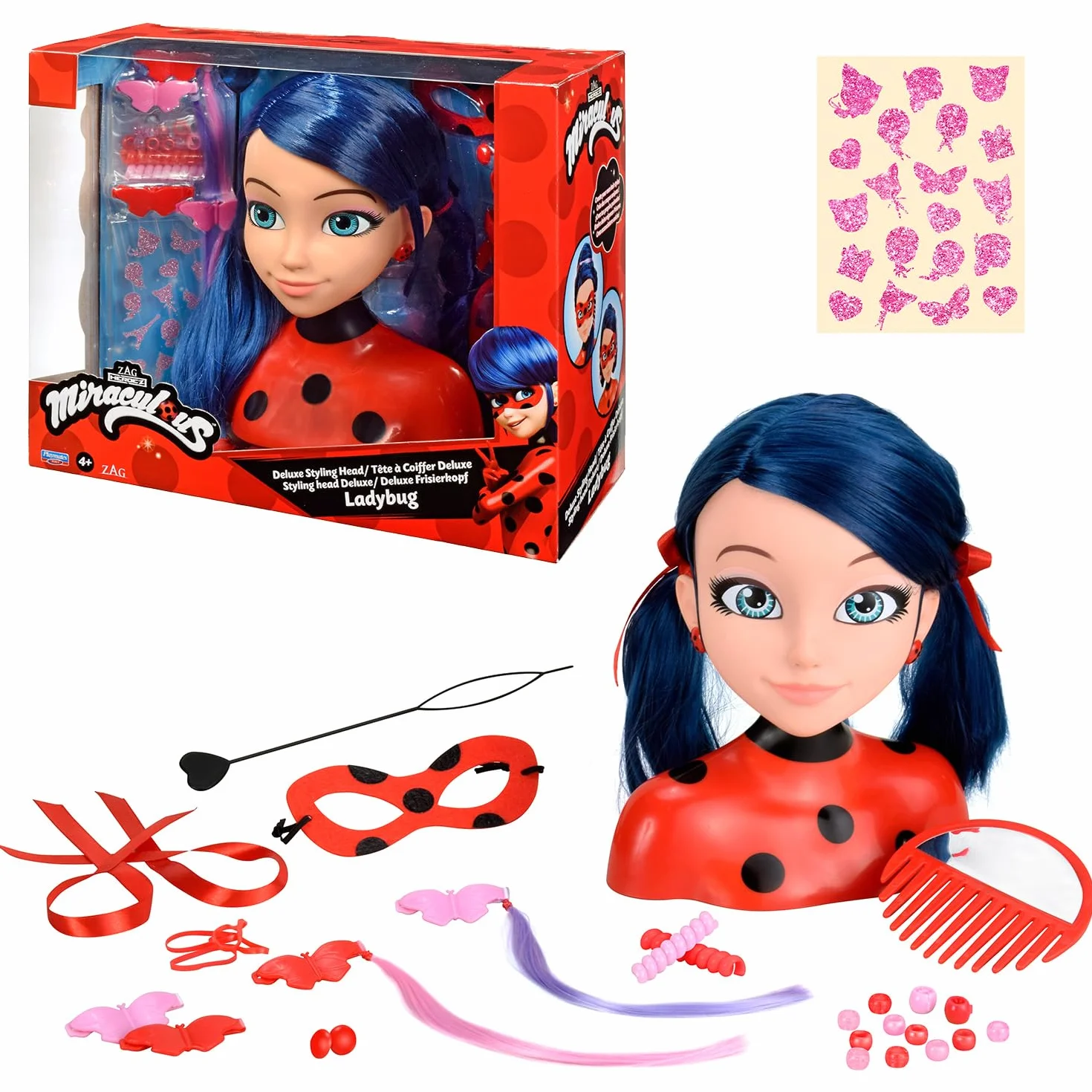Bandai Miraculous Biedronka – Miraculous Deluxe głowica fryzjerska, 21 cm – głowica fryzjerska Marinette + 30 akcesoriów - P50247