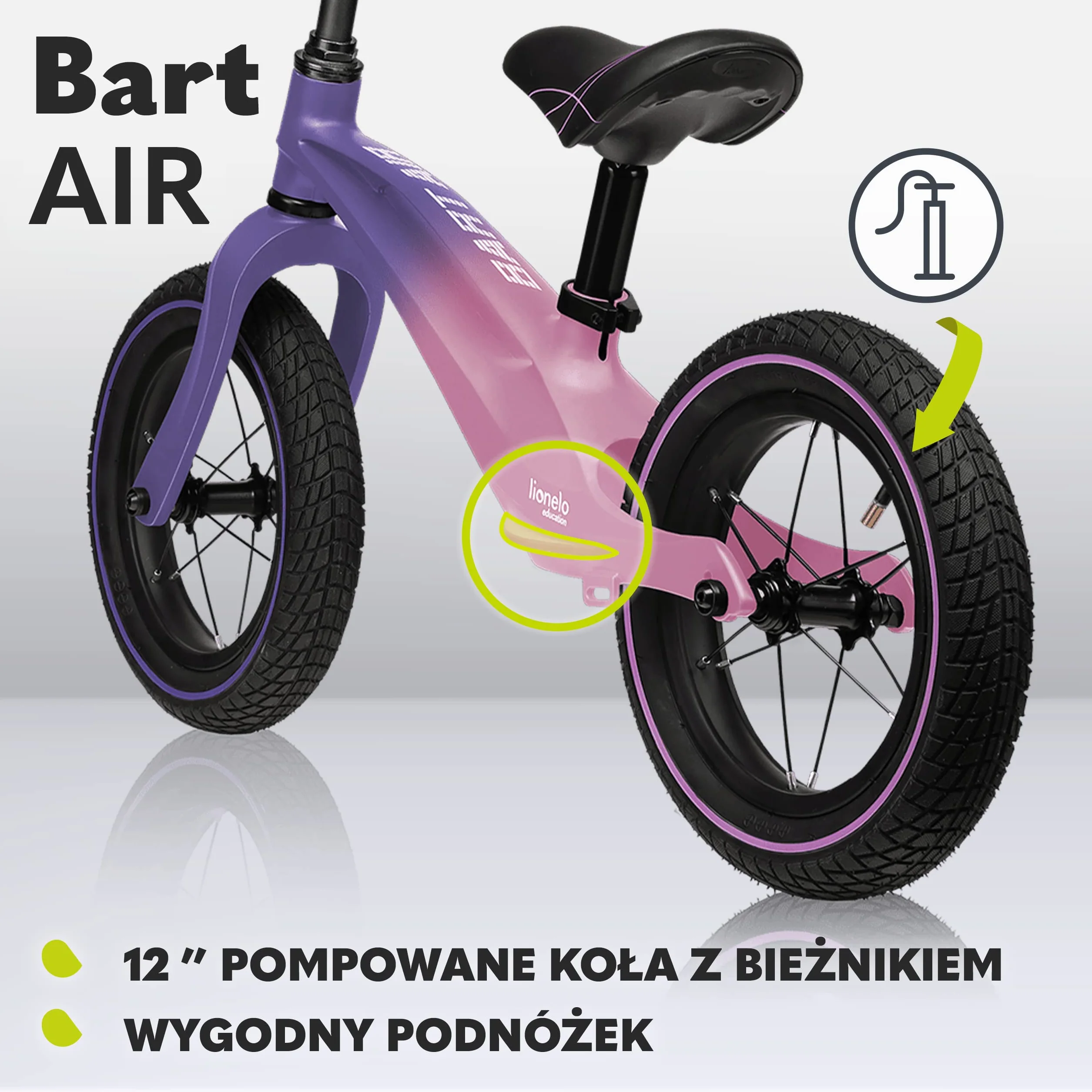 LIONELO Bart Air rowerek biegowy do 30kg, piankowe koła EVA, magnezowa rama, eko-skóra, wyprofilowany podnóżek, antypoślizgowe nakładki, uchwyt do przenoszenia, miękka struktura