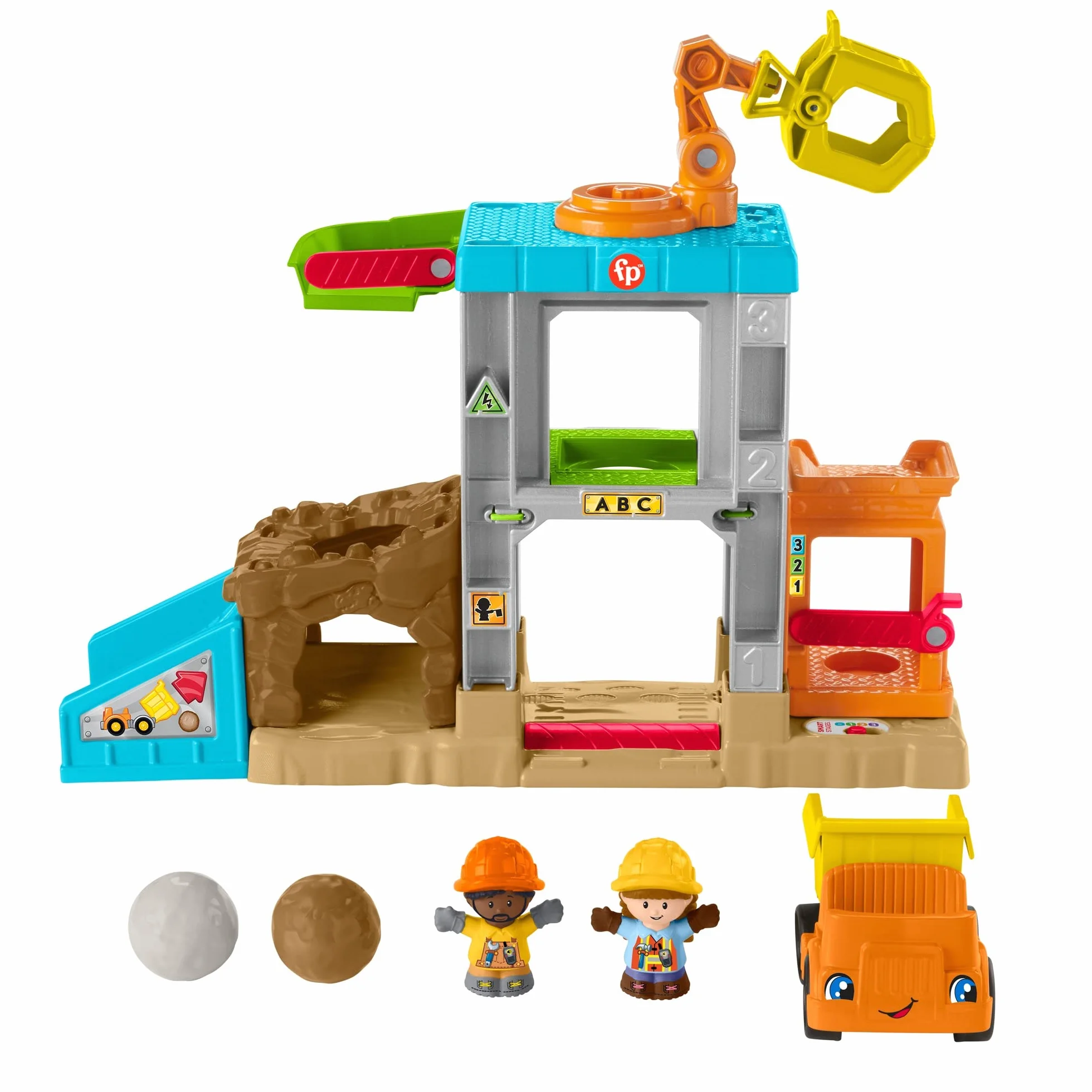Fisher-Price Little People Plac budowy Zestaw z dźwiękiem, muzyczny zestaw do zabawy z wywrotką i 2 figurkami, dla przedszkolaków i młodszych dzieci, HCJ64