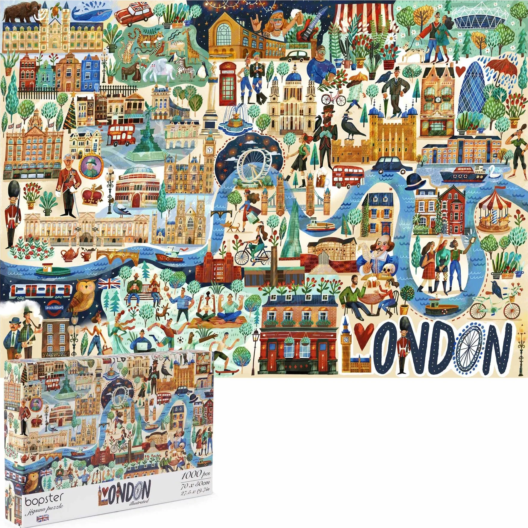 Londyn puzzle 1000 elementów, ilustrowana scena miejska z królową Elżbietą II i królem Karolem III, puzzle dla dorosłych i dzieci, karta w 100% z recyklingu, autorstwa Bopster