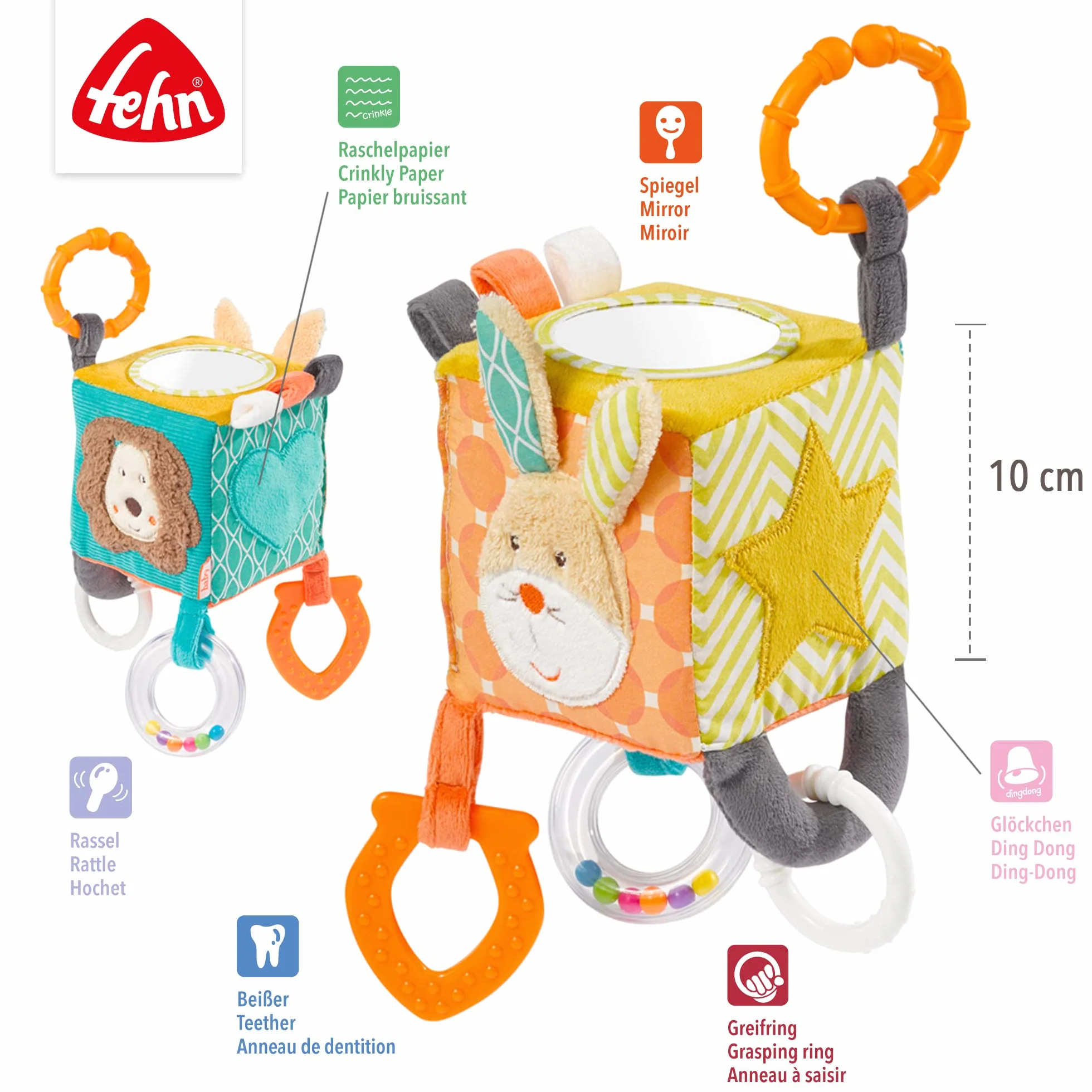 Fehn 066029 Kostka aktywności Funky Friends – zabawka motoryczna do zawieszenia – dla niemowląt i małych dzieci od 0+ miesięcy – wymiary: 10 x 10 cm