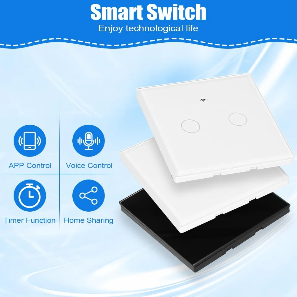 Ainiv Inteligentny włącznik światła WiFi 2-kanałowy 2,4 GHz, obsługa Alexa Google Home, aplikacja Tuya, sterowanie głosem, hartowane szkło, dotykowa rama, przełącznik ścienny, podtynkowy, biały
