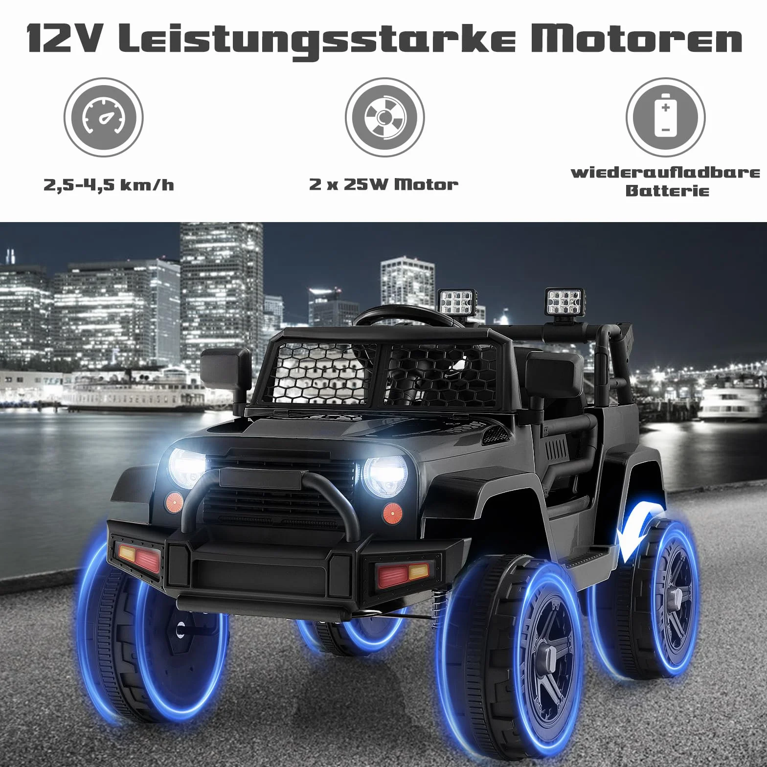 COSTWAY Elektryczny samochód dla dzieci, 12 V, z pilotem zdalnego sterowania, muzyką, USB i reflektorem, pojazd dziecięcy 2,5-4,5 km/h, samochód dla chłopców i dziewczynek od 3 lat (czarny)
