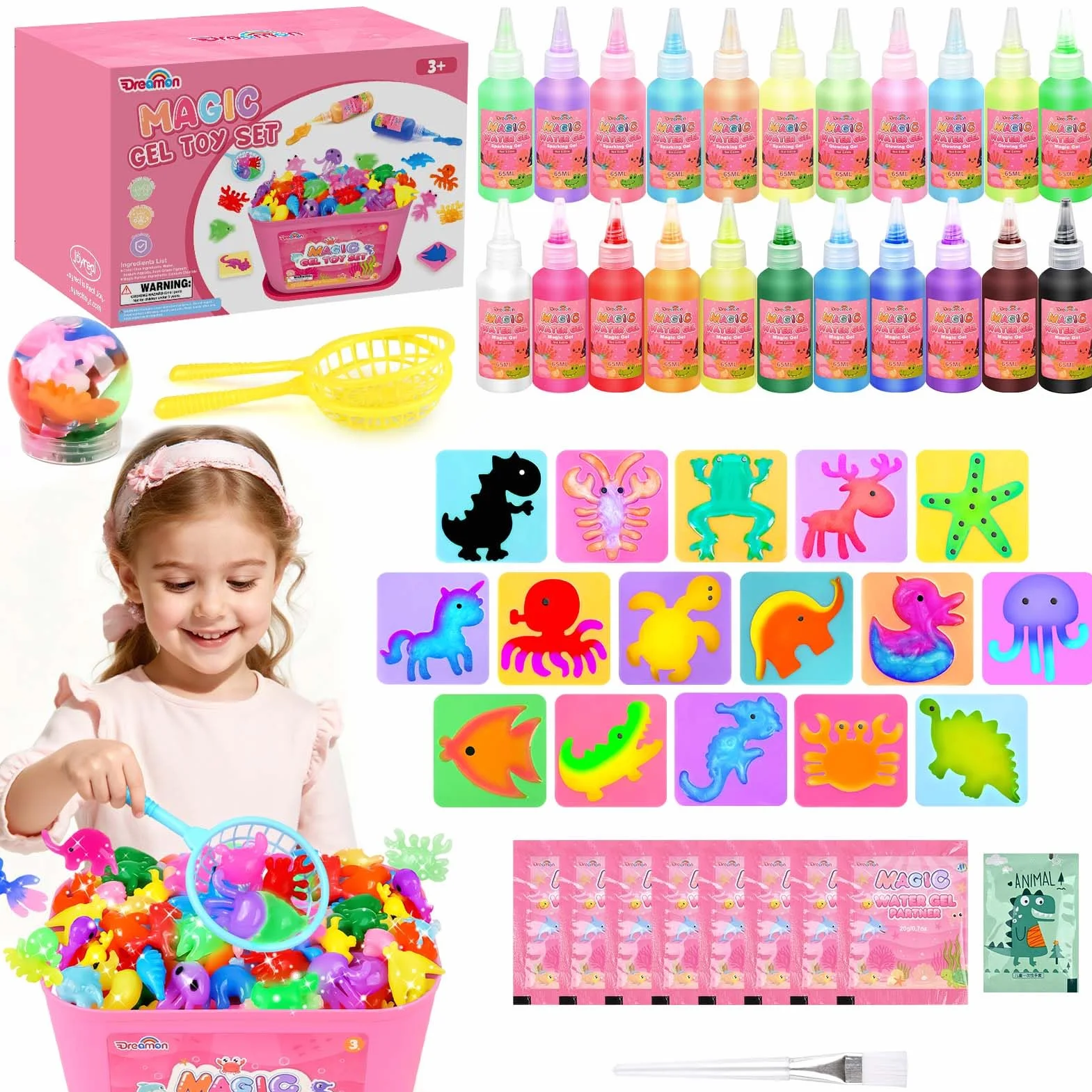 Dreamon Magic Gel Water Kit, 53 szt. "zrób to sam" 3D Aqua Gelz zabawka w 22 kolorach i 16 formach, Aqua Fairy kreatywny zestaw dla dzieci od 3+, prezent na urodziny, Boże Narodzenie dla dziewczynek