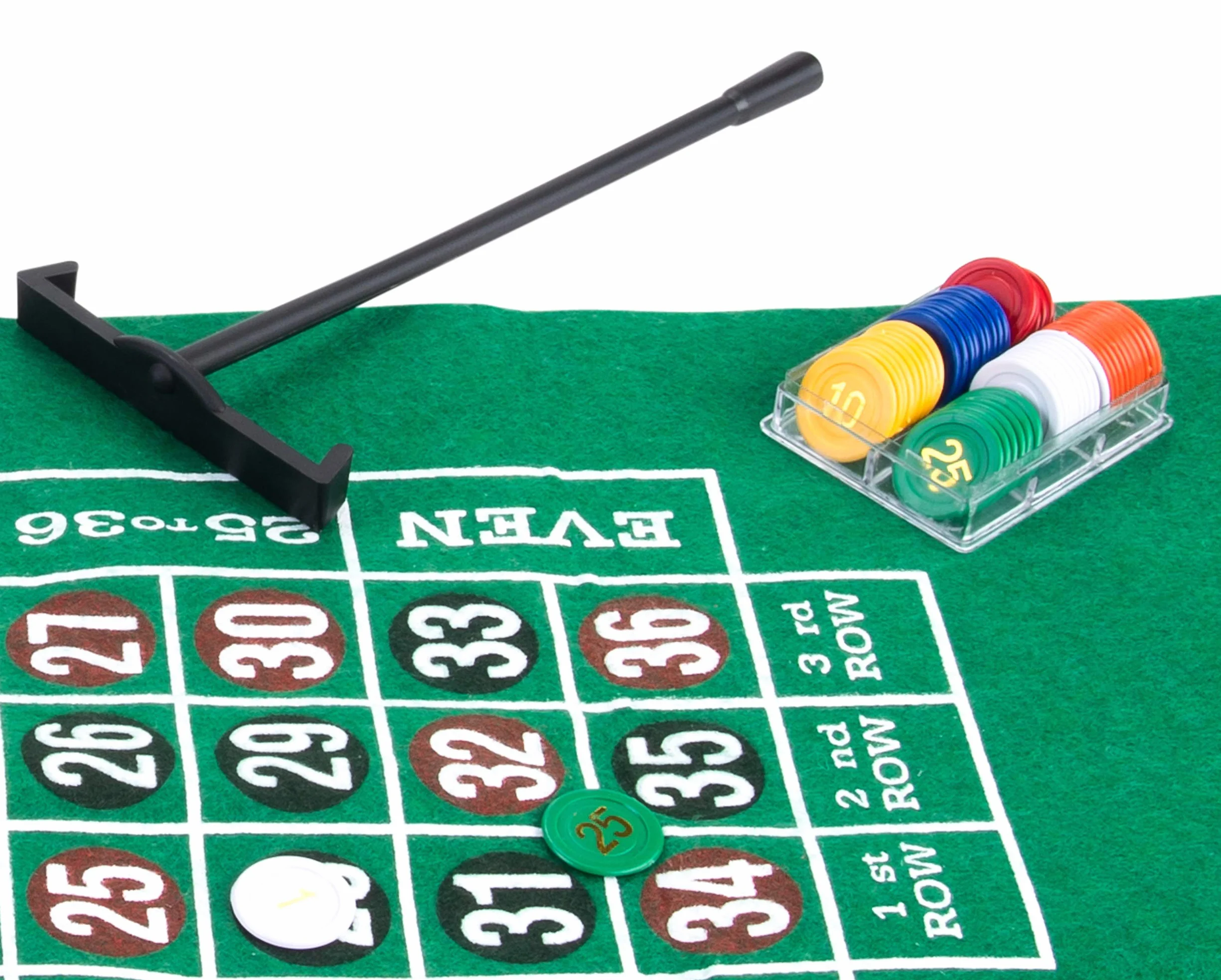 Engelhart – 320403 – Zestaw do ruletki amerykańskiej i blackjacka – dwustronna mata – żetony, karty i grabki krupiera – ruletka 30 cm, mata 60 x 45 cm