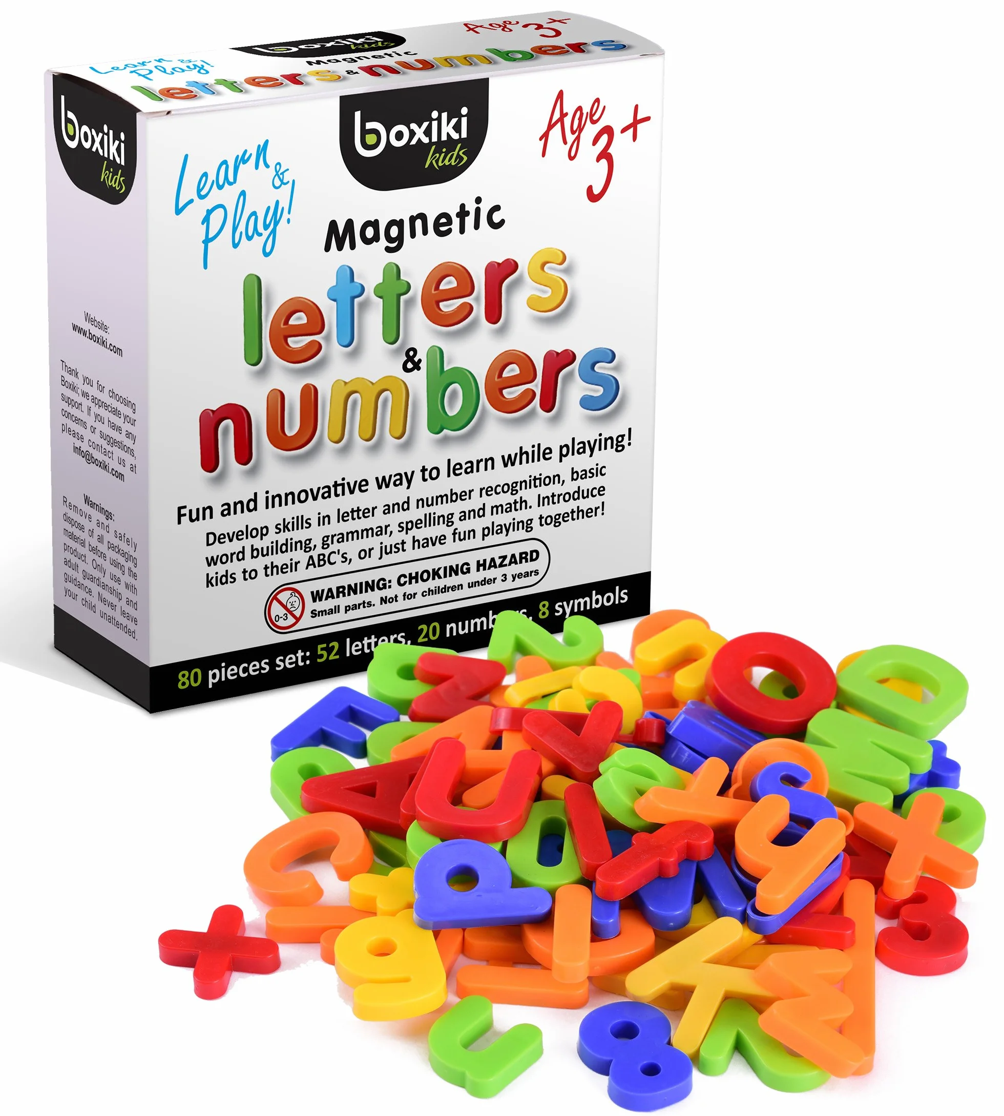 80 sztuk Zestaw magnesów alfabetowych | ABC Learning Toys | Plastikowe litery i cyfry magnetyczne | Liczby i kolory | Małe i małe litery magnetyczne wg Boxiki Kids