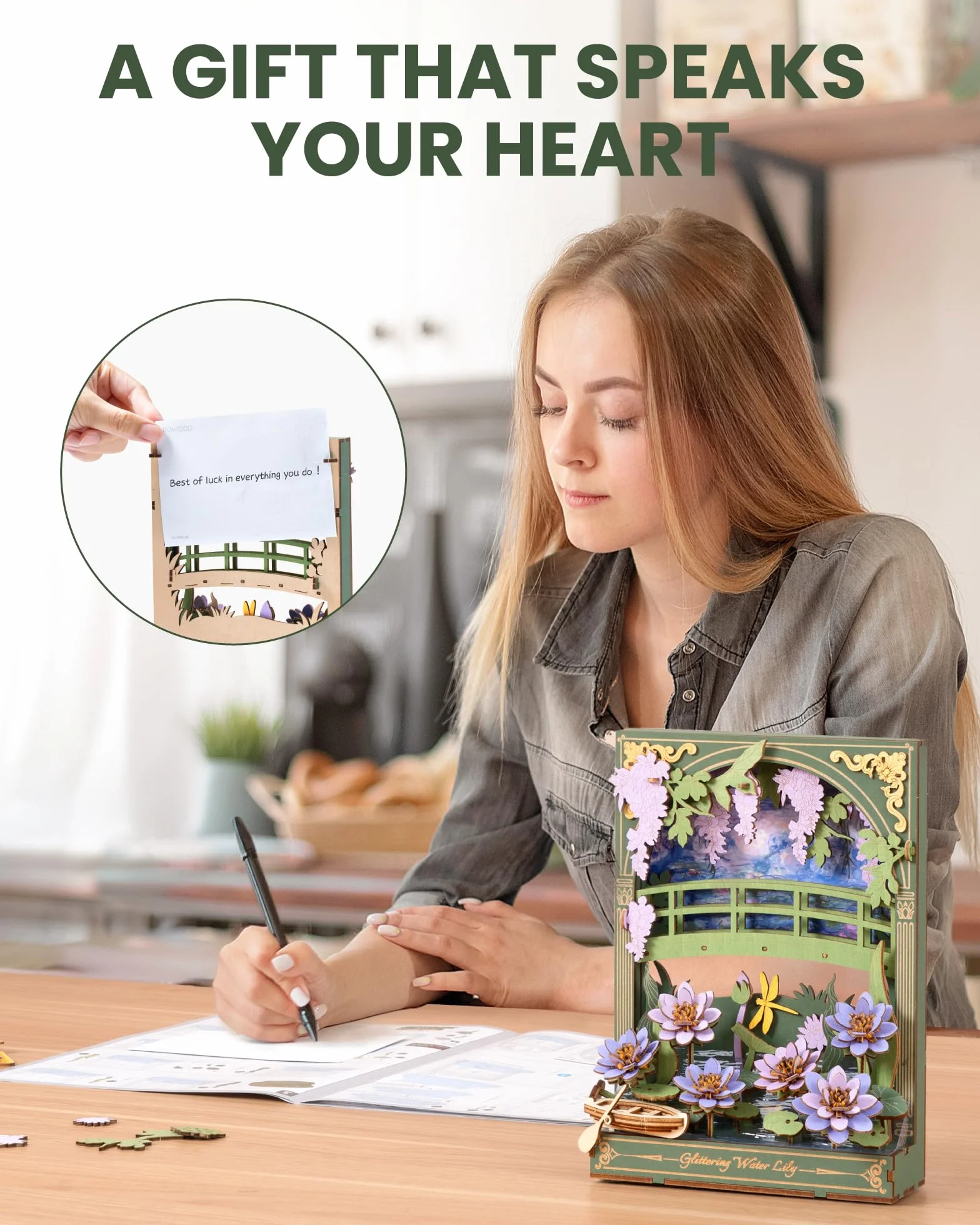 ROWOOD Drewniane puzzle 3D dla dorosłych dzieci ze światłem LED, zestaw kwiatowy wzór, dekoracja stołu lub ściany, kreatywny prezent dla kobiet mężczyzn TH001 lilia wodna