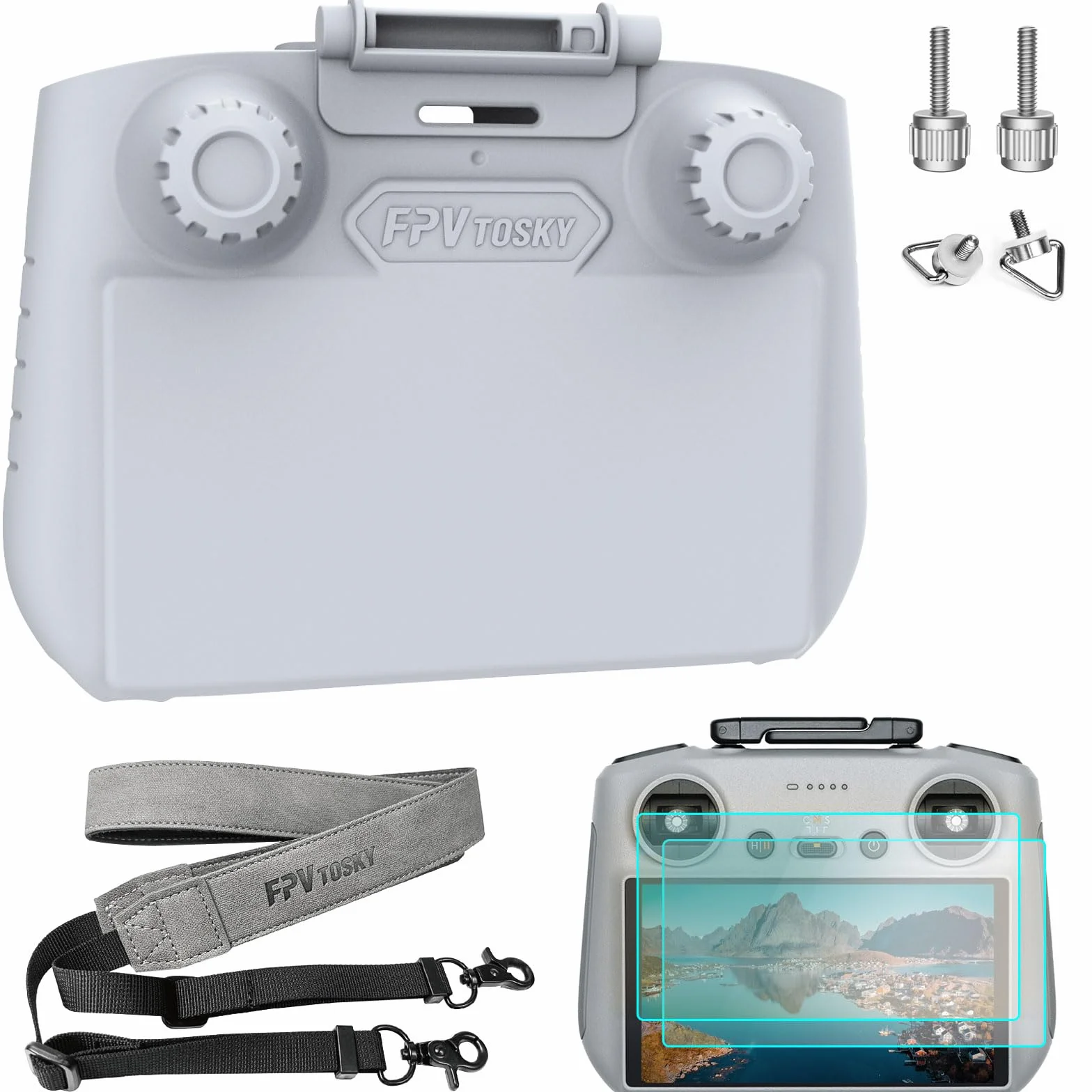 FPVtosky Mini 4 Pro RC-2 Sun Shield + 2 Screen Protectors + Lanyard Set - 3 in 1 Controller Mount for DJI Air 3, DJI Mini 4 Pro, RC Drone Accessories