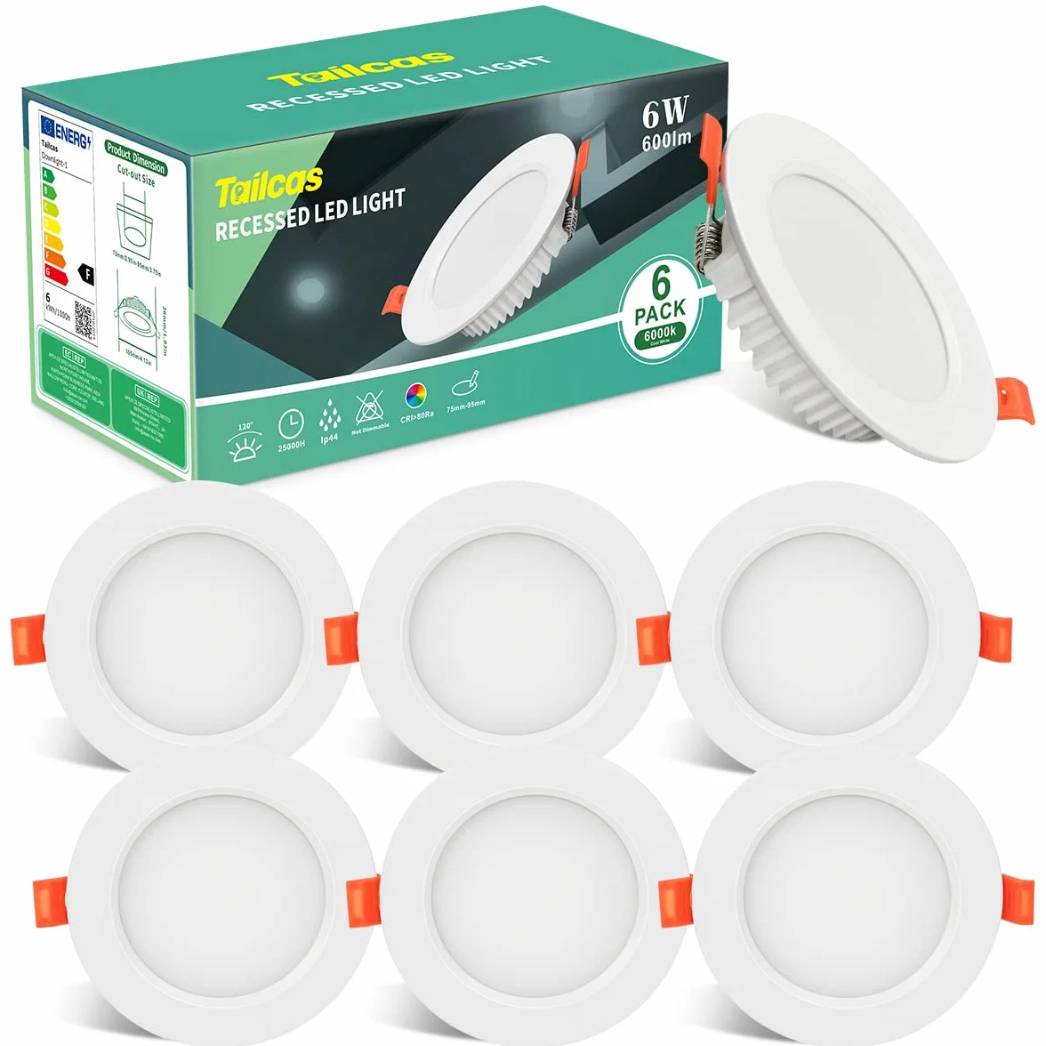 Reflektor wpuszczany LED 230V 6W ultra płaski IP44, zestaw 6 szt. Oprawy wpuszczane LED biała zimna 6000k, głębokość montażu 26mm 600 lumenów, Ø105mm wymiary otworu montażowego 75-95mm, spoty LED do łazienek, salonów, kuchni